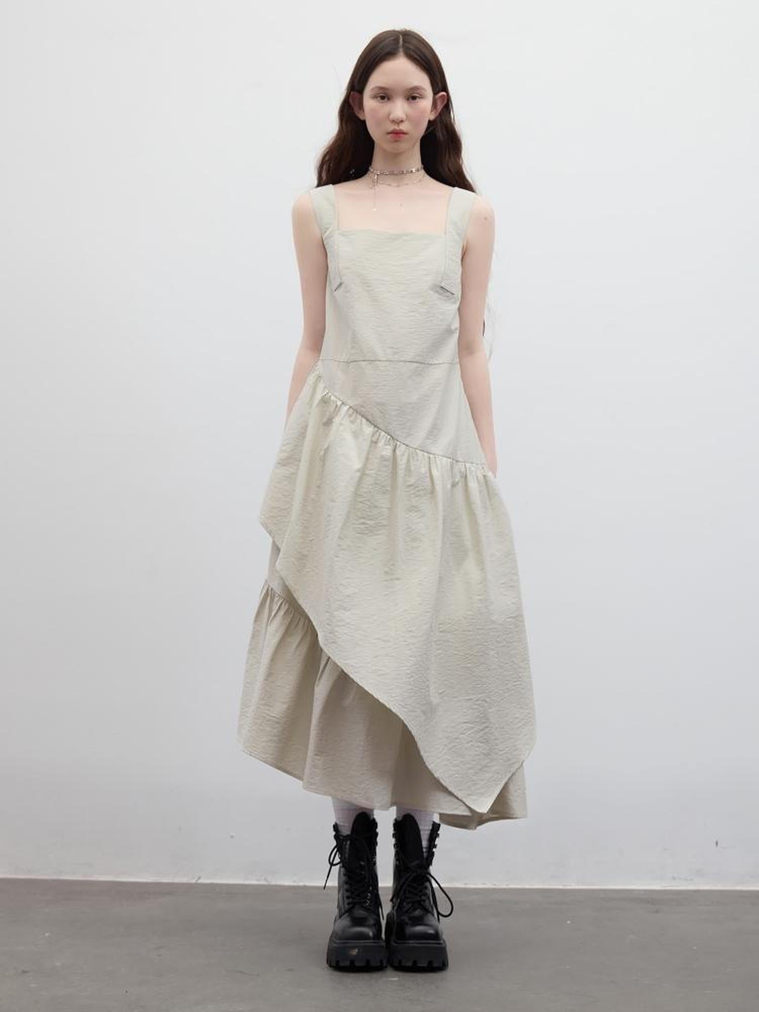 FUSSED Asymmetric Sage Green Tiered Midi Dress V-neck T-shirt Long Sleeve