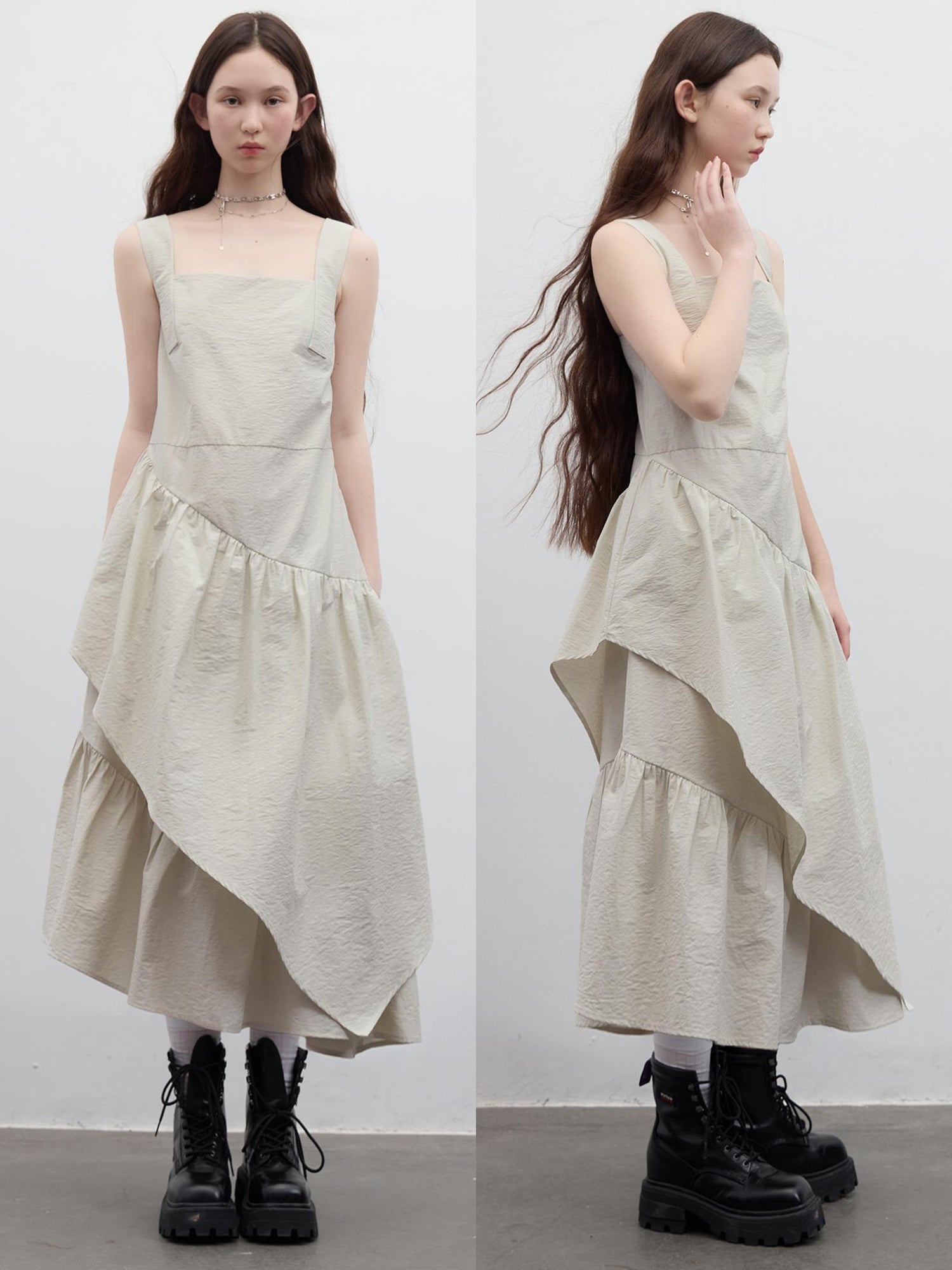 FUSSED Asymmetric Sage Green Tiered Midi Dress V Neck T Shirt Long Sleeve