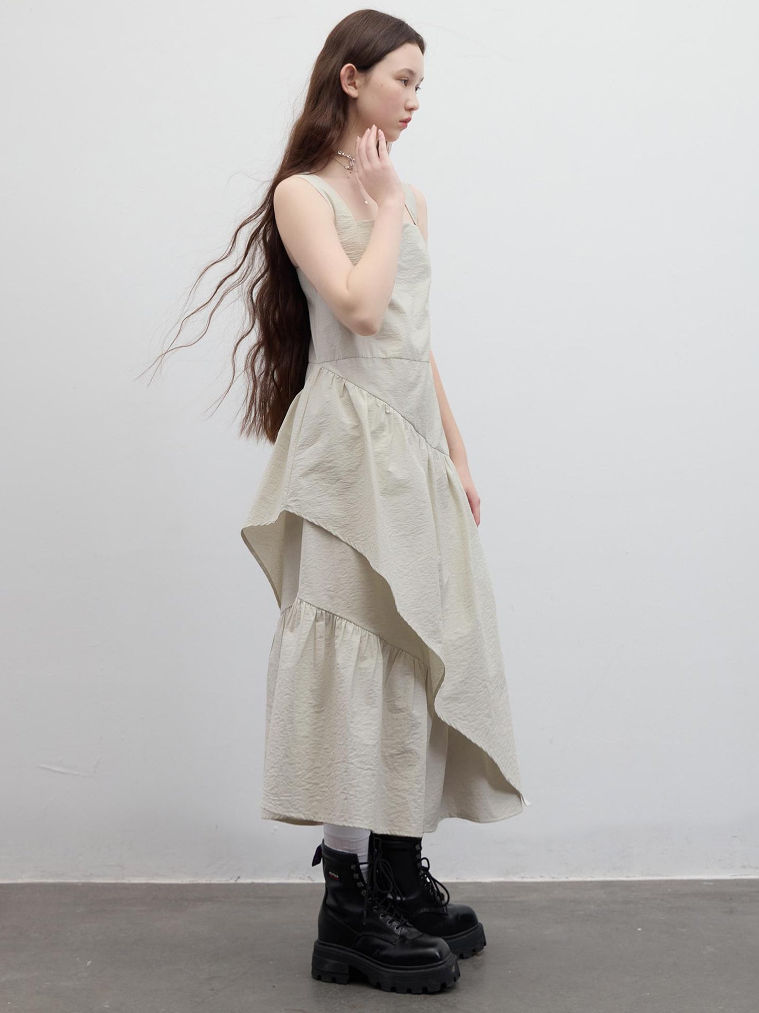 FUSSED Asymmetric Sage Green Tiered Midi Dress V Neck T Shirt Long Sleeve