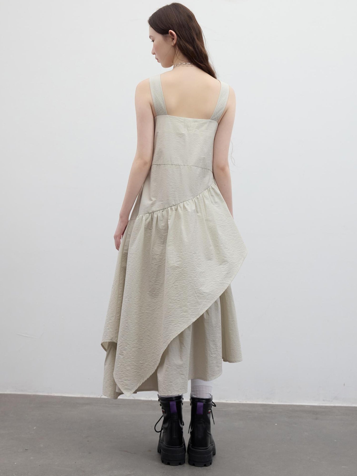 FUSSED Asymmetric Sage Green Tiered Midi Dress V Neck T Shirt Long Sleeve