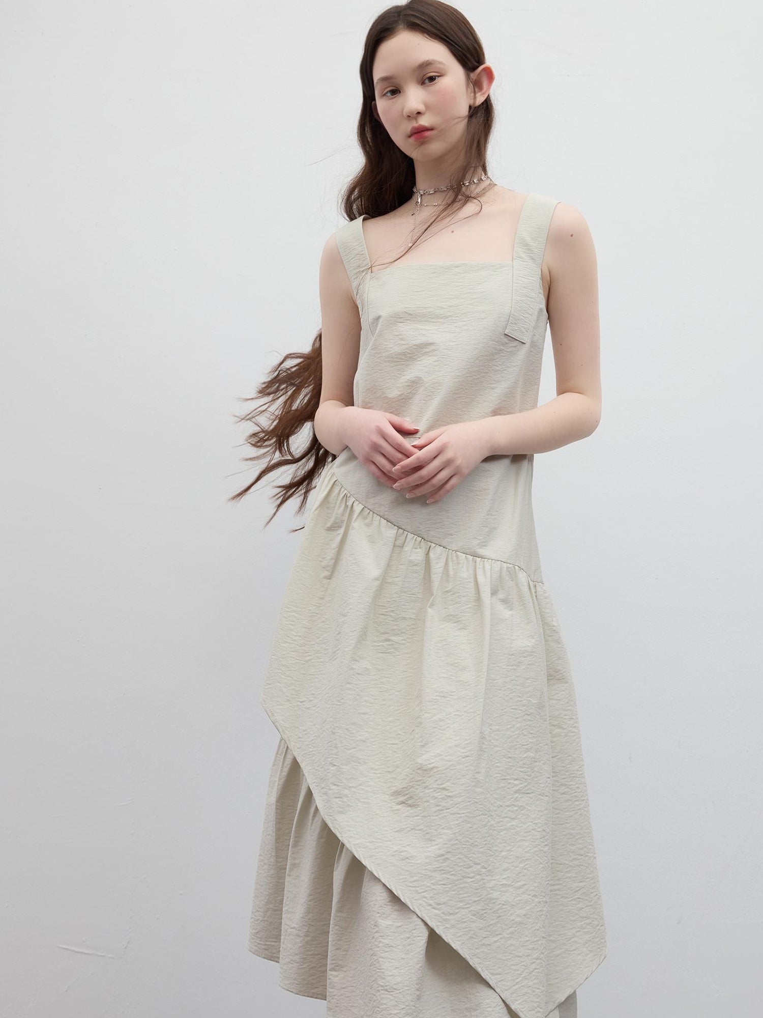 FUSSED Asymmetric Sage Green Tiered Midi Dress V Neck T Shirt Long Sleeve