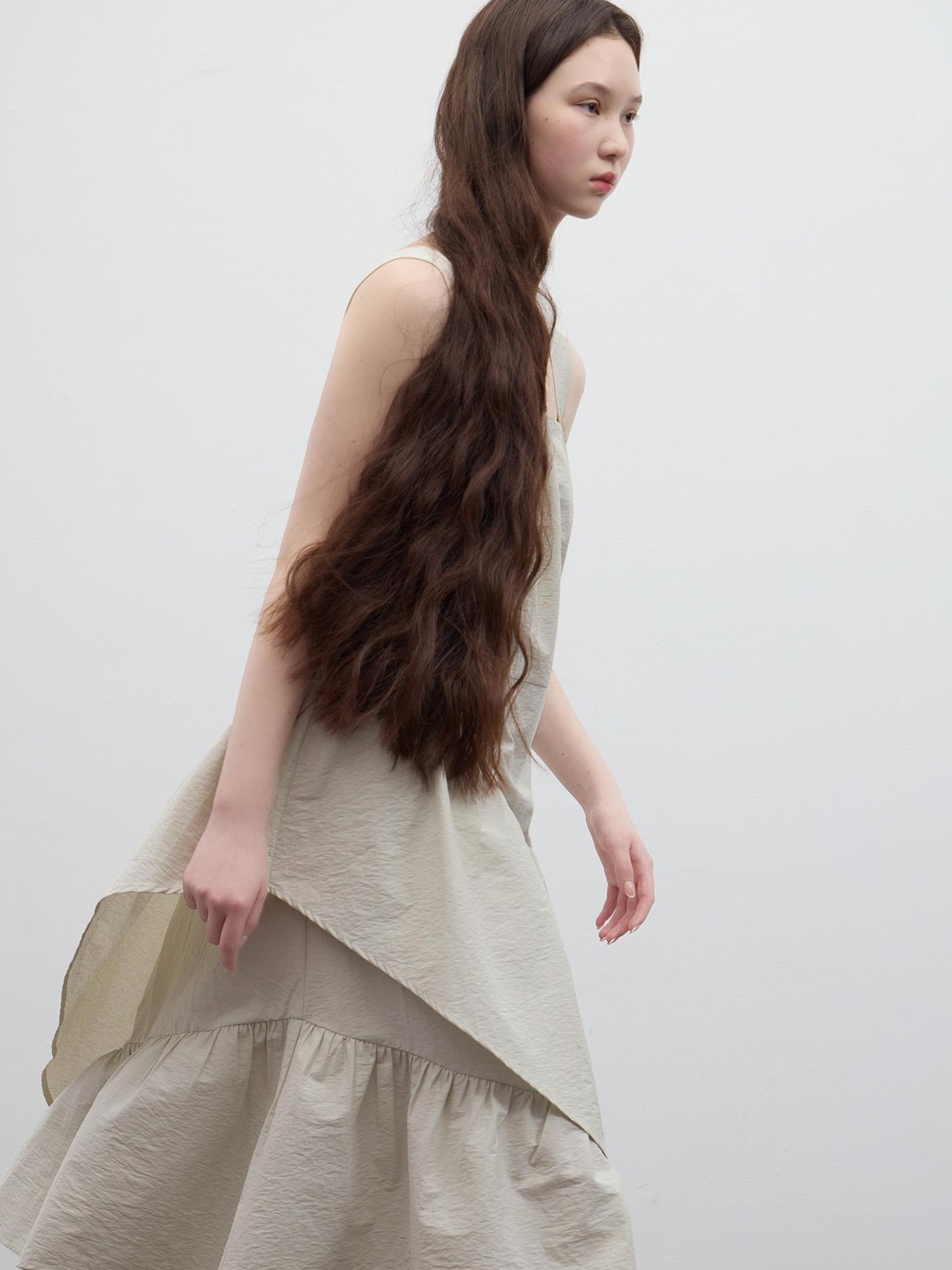 FUSSED Asymmetric Sage Green Tiered Midi Dress V Neck T Shirt Long Sleeve