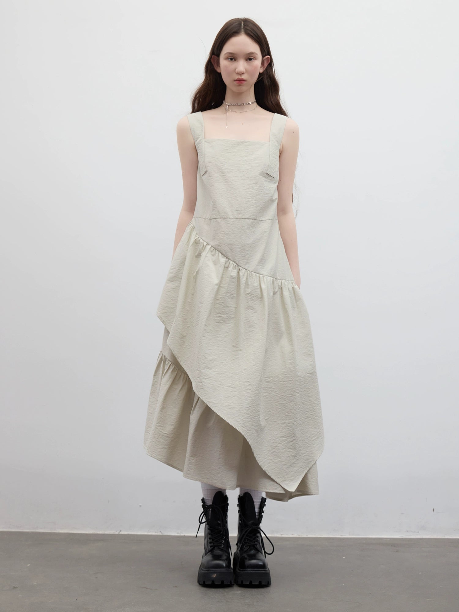 FUSSED_Asymmetric_Sage_Green_Tiered_Midi_Dress_V_Neck_T_Shirt_Long_Sleeve_MISSTT