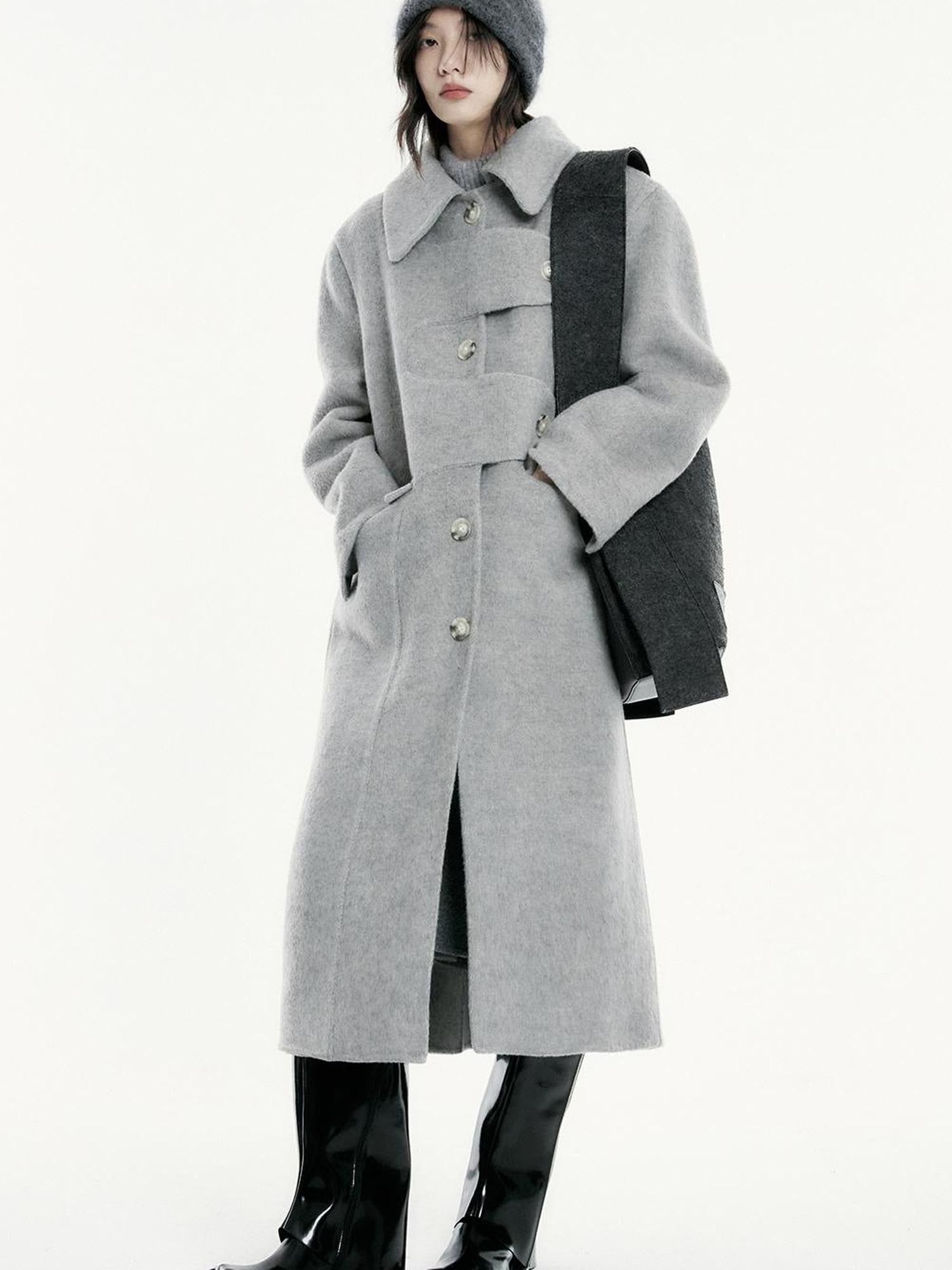 FUSSED Asymmetric Wool Blend Double Faced Coat In Silver Gray