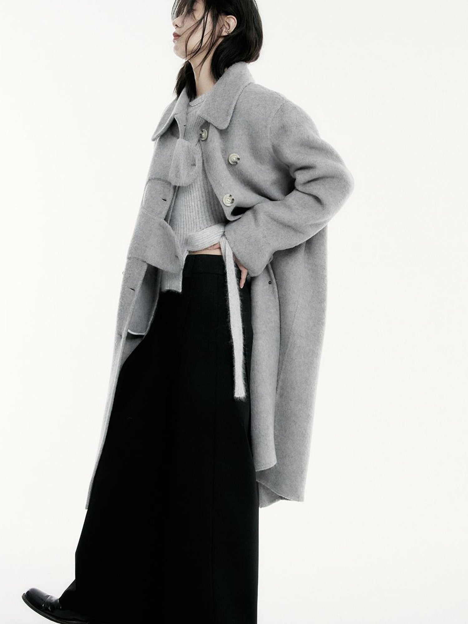 FUSSED Asymmetric Wool Blend Double Faced Coat In Silver Gray