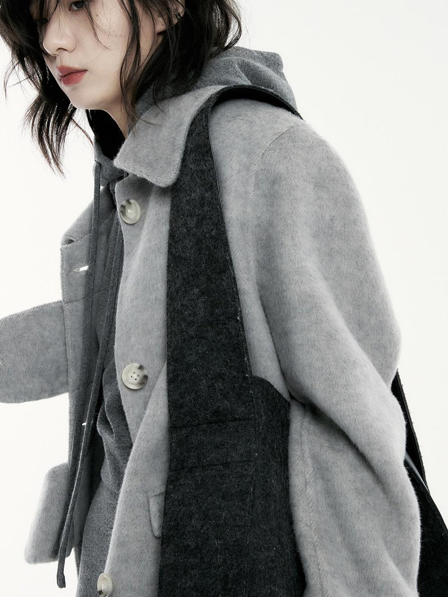 FUSSED Asymmetric Wool Blend Double Faced Coat In Silver Gray