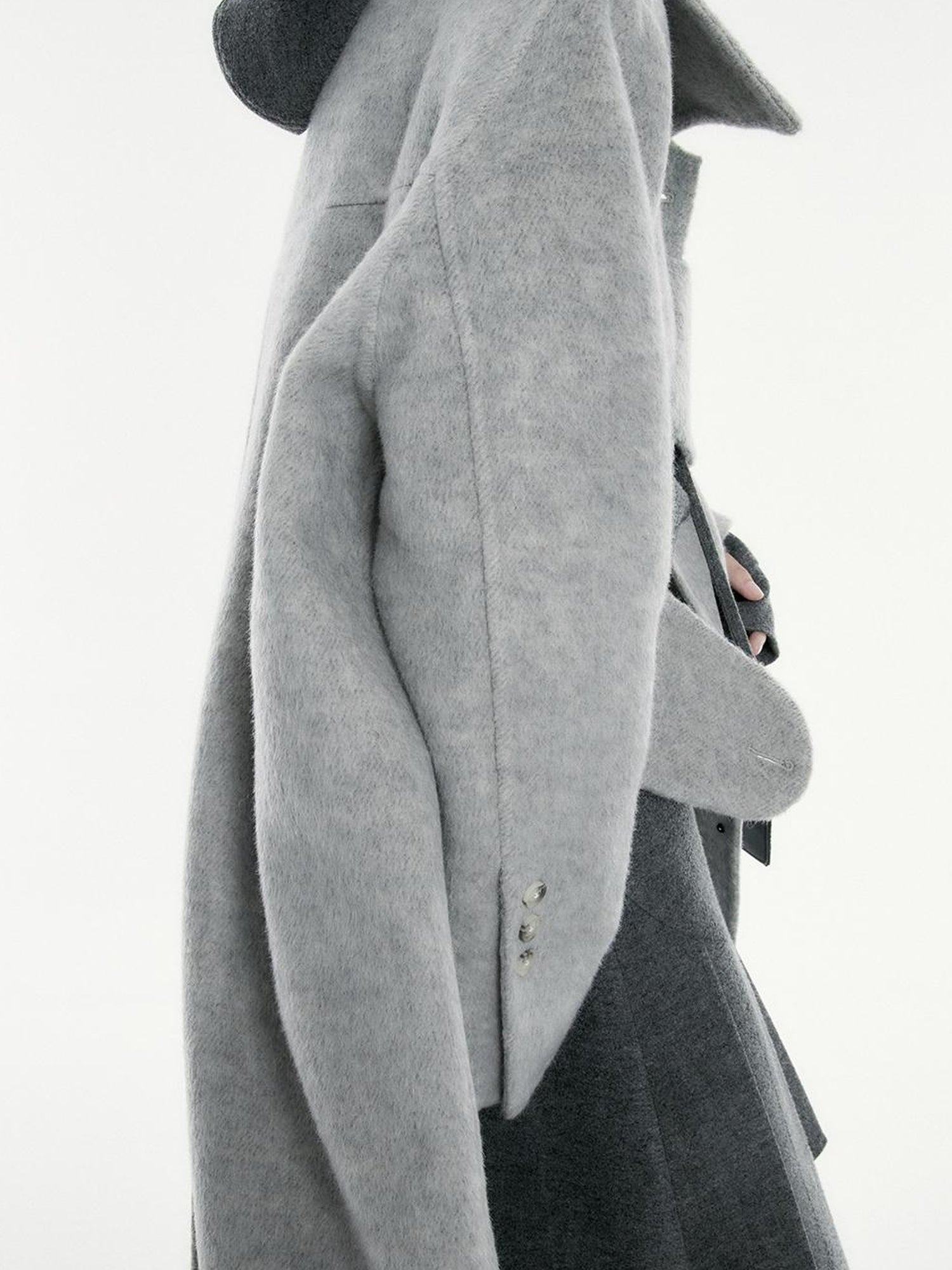 FUSSED Asymmetric Wool Blend Double Faced Coat In Silver Gray