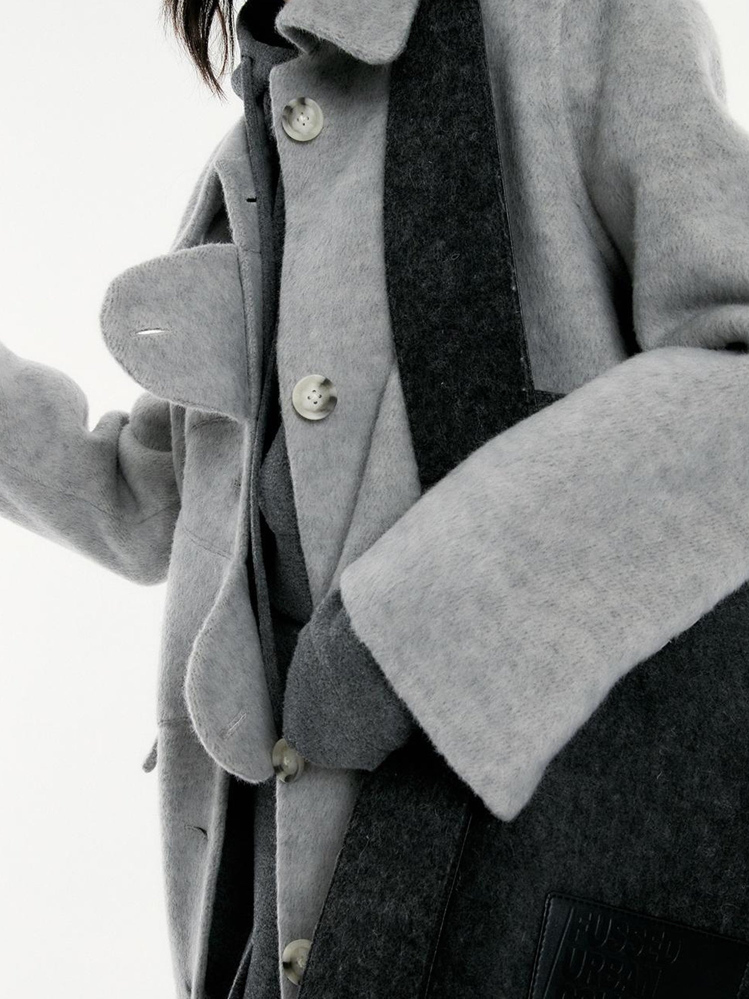FUSSED Asymmetric Wool Blend Double Faced Coat In Silver Gray