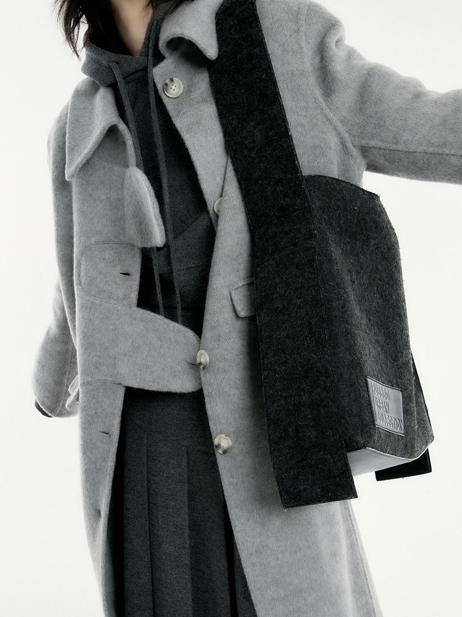 FUSSED Asymmetric Wool Blend Double Faced Coat In Silver Gray