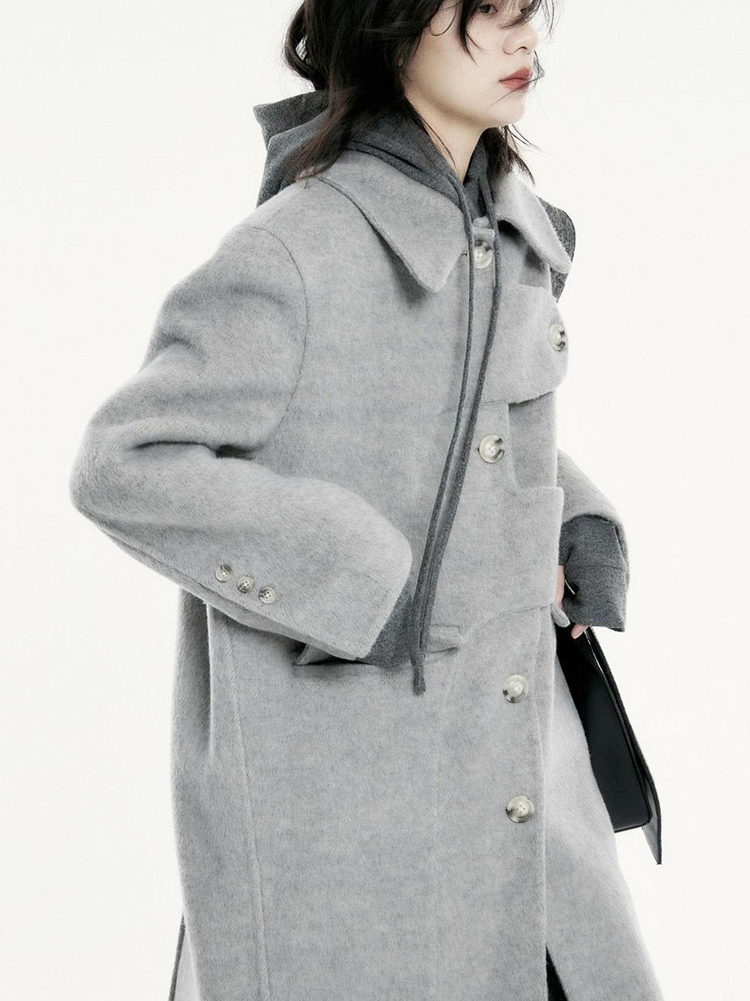 FUSSED Asymmetric Wool Blend Double Faced Coat In Silver Gray