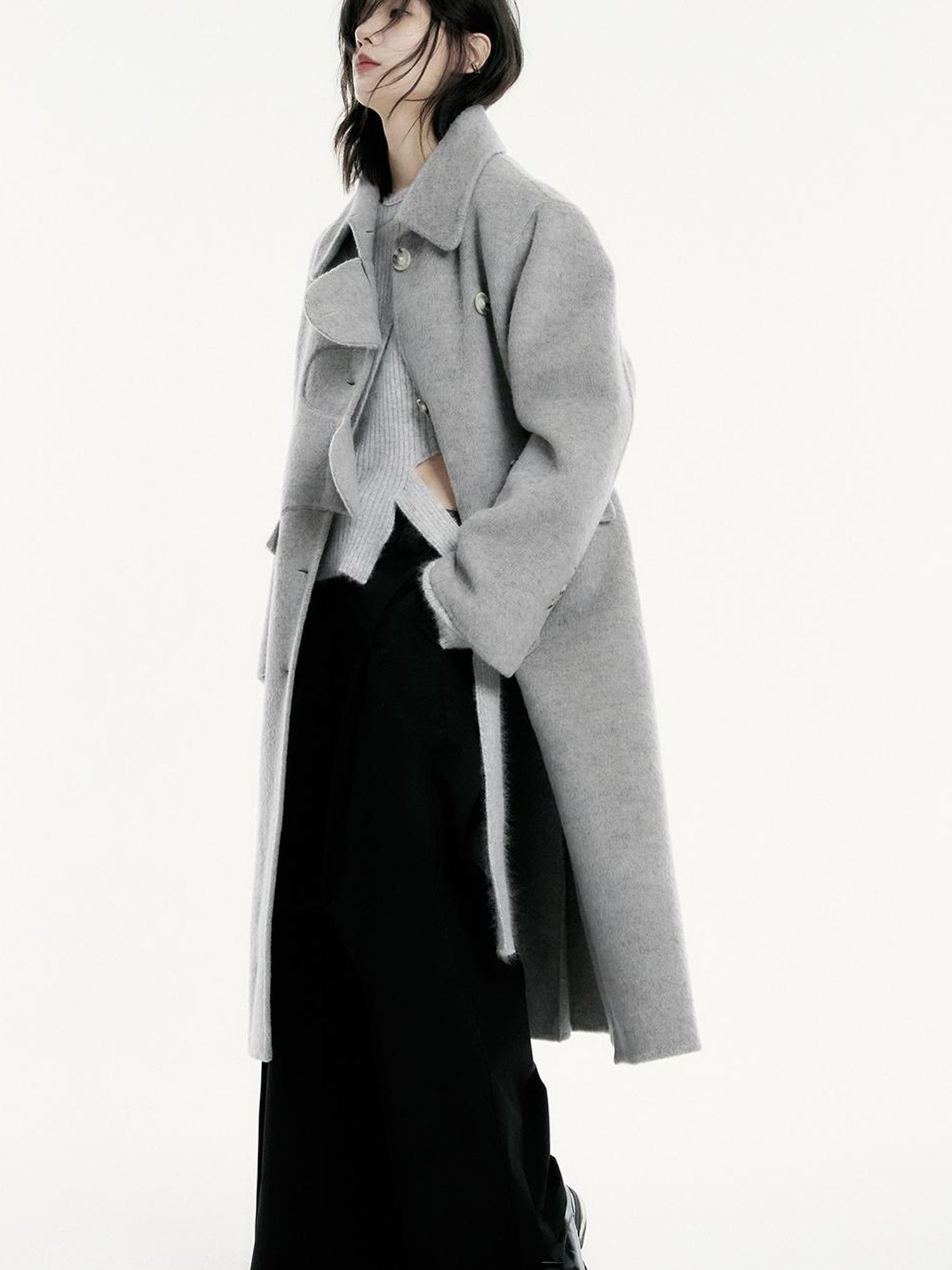FUSSED Asymmetric Wool Blend Double Faced Coat In Silver Gray
