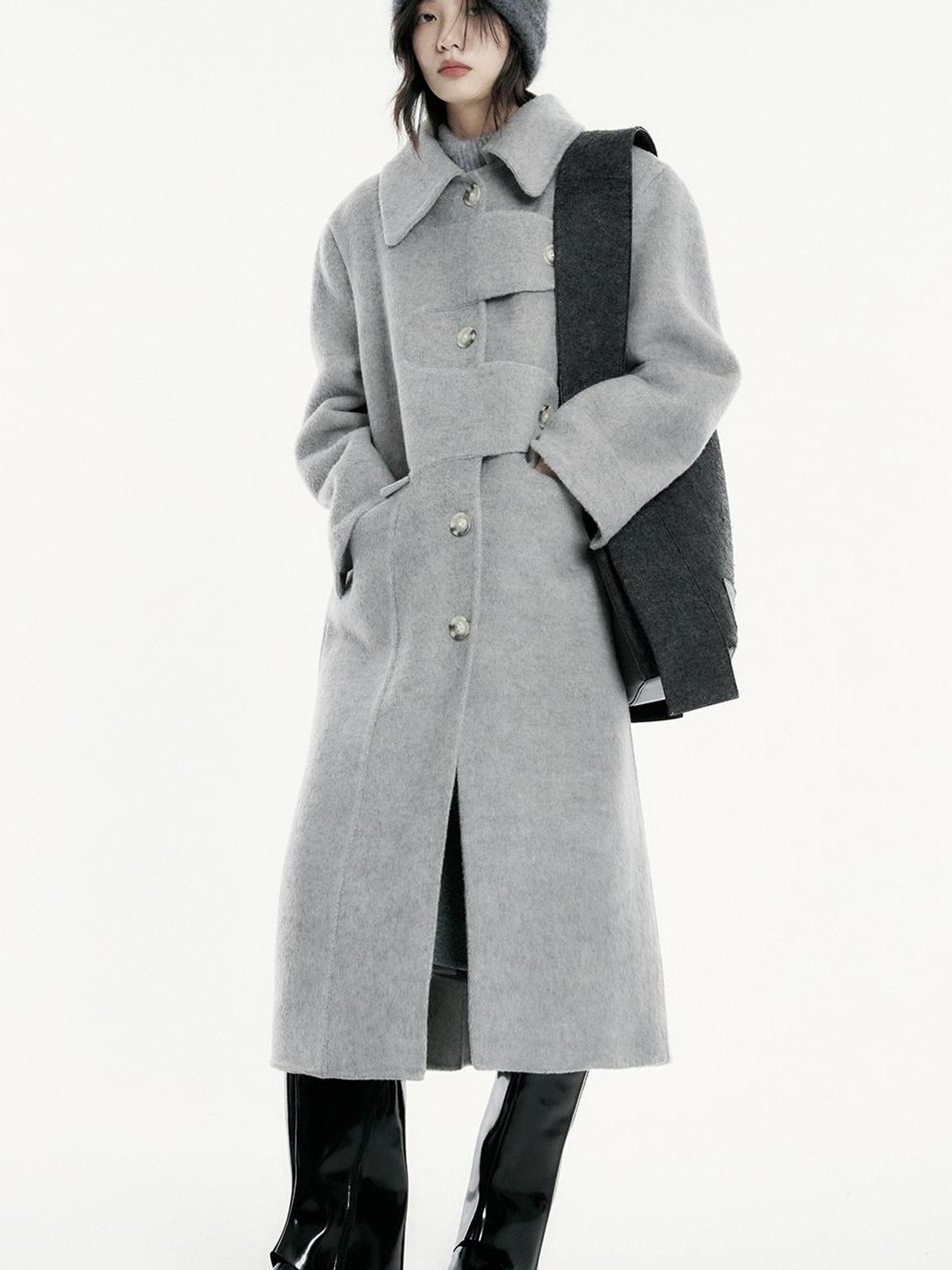 FUSSED Asymmetric Wool Blend Double Faced Coat In Silver Gray