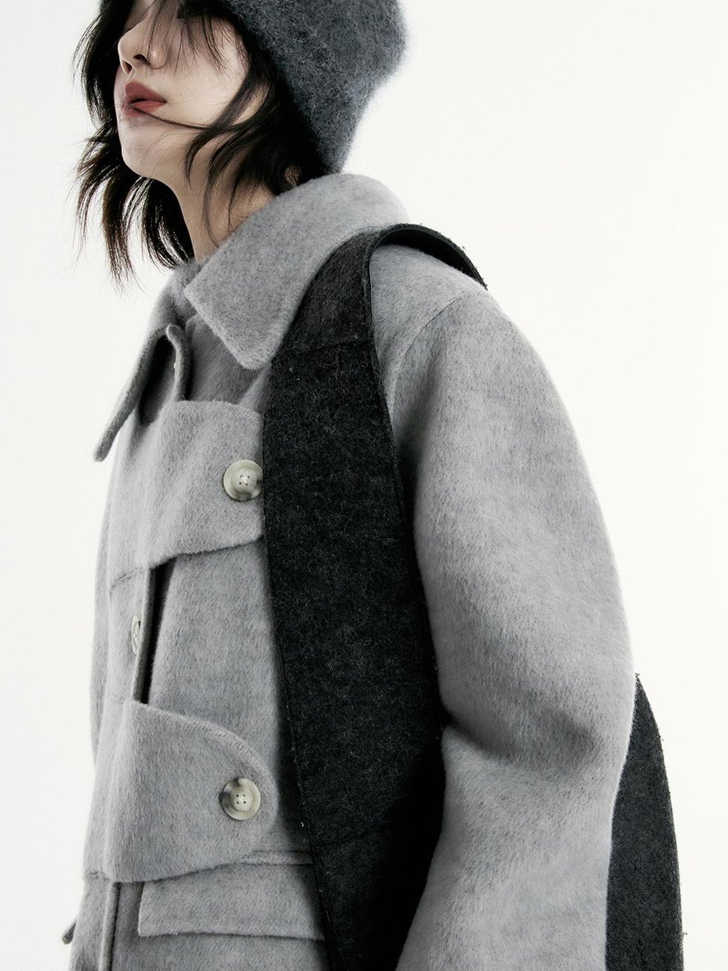FUSSED Asymmetric Wool Blend Double Faced Coat In Silver Gray