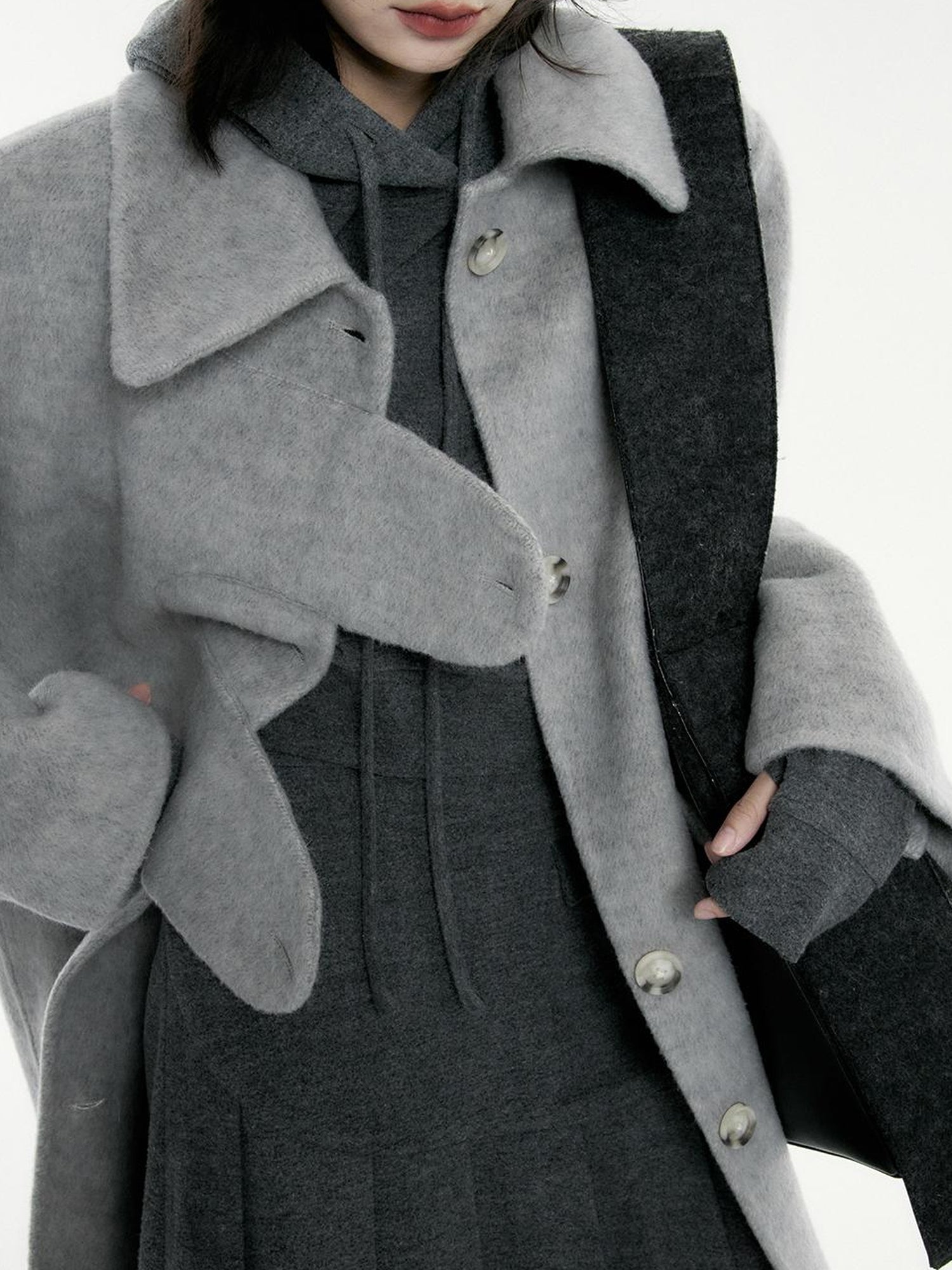FUSSED Asymmetric Wool Blend Double Faced Coat In Silver Gray