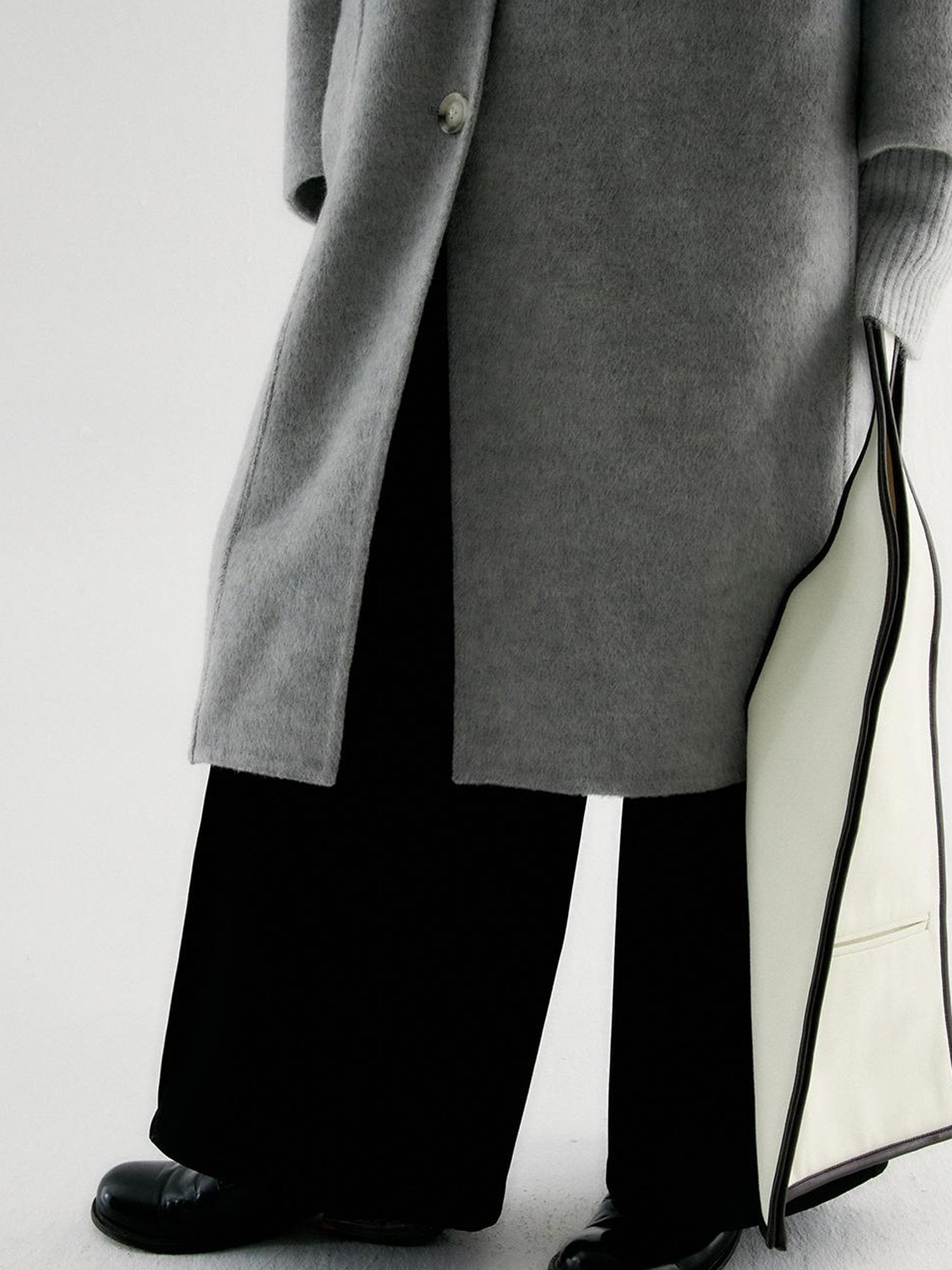 FUSSED Asymmetric Wool Blend Double Faced Coat In Silver Gray