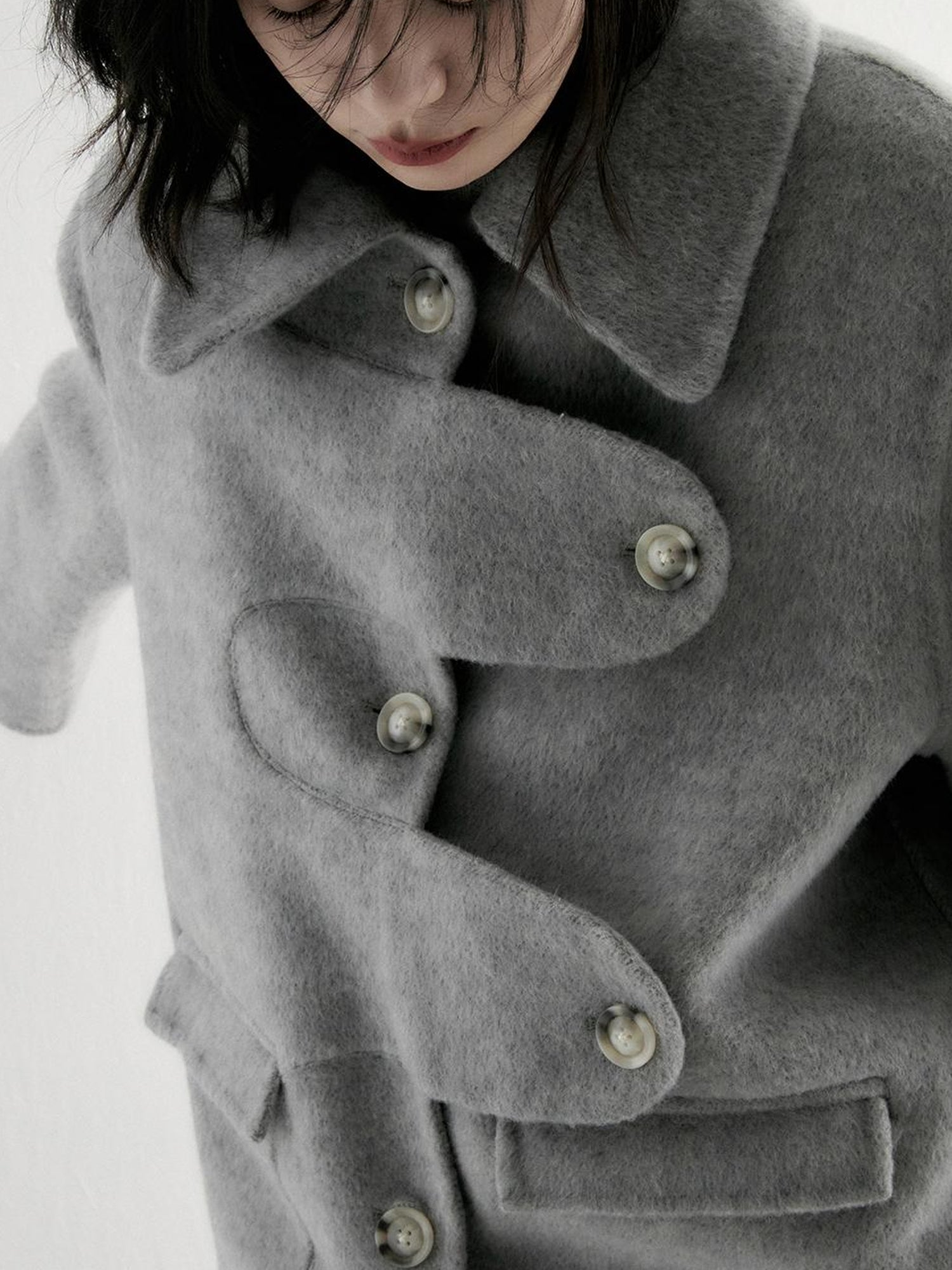 FUSSED Asymmetric Wool Blend Double Faced Coat In Silver Gray
