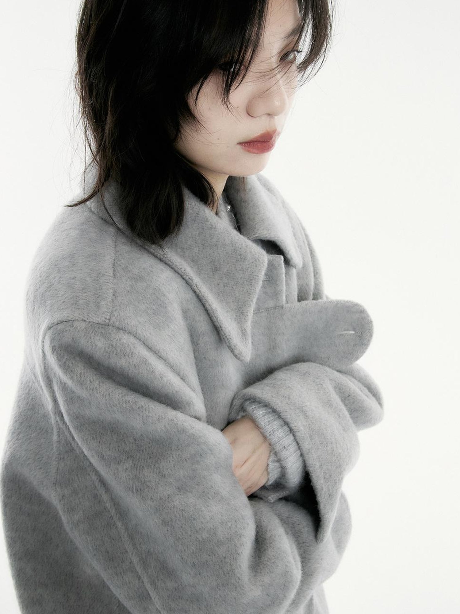 FUSSED Asymmetric Wool Blend Double Faced Coat In Silver Gray