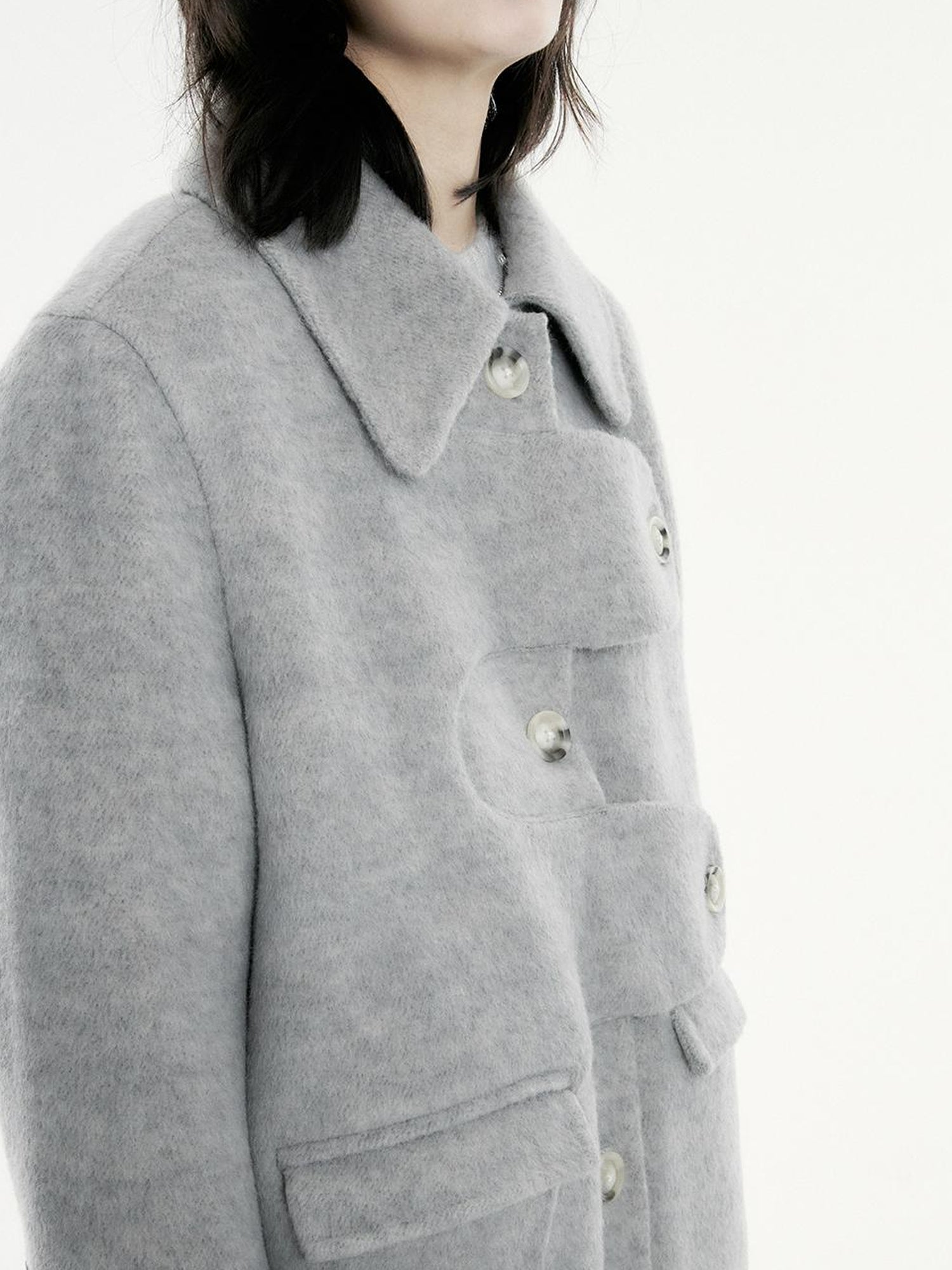 FUSSED Asymmetric Wool Blend Double Faced Coat In Silver Gray