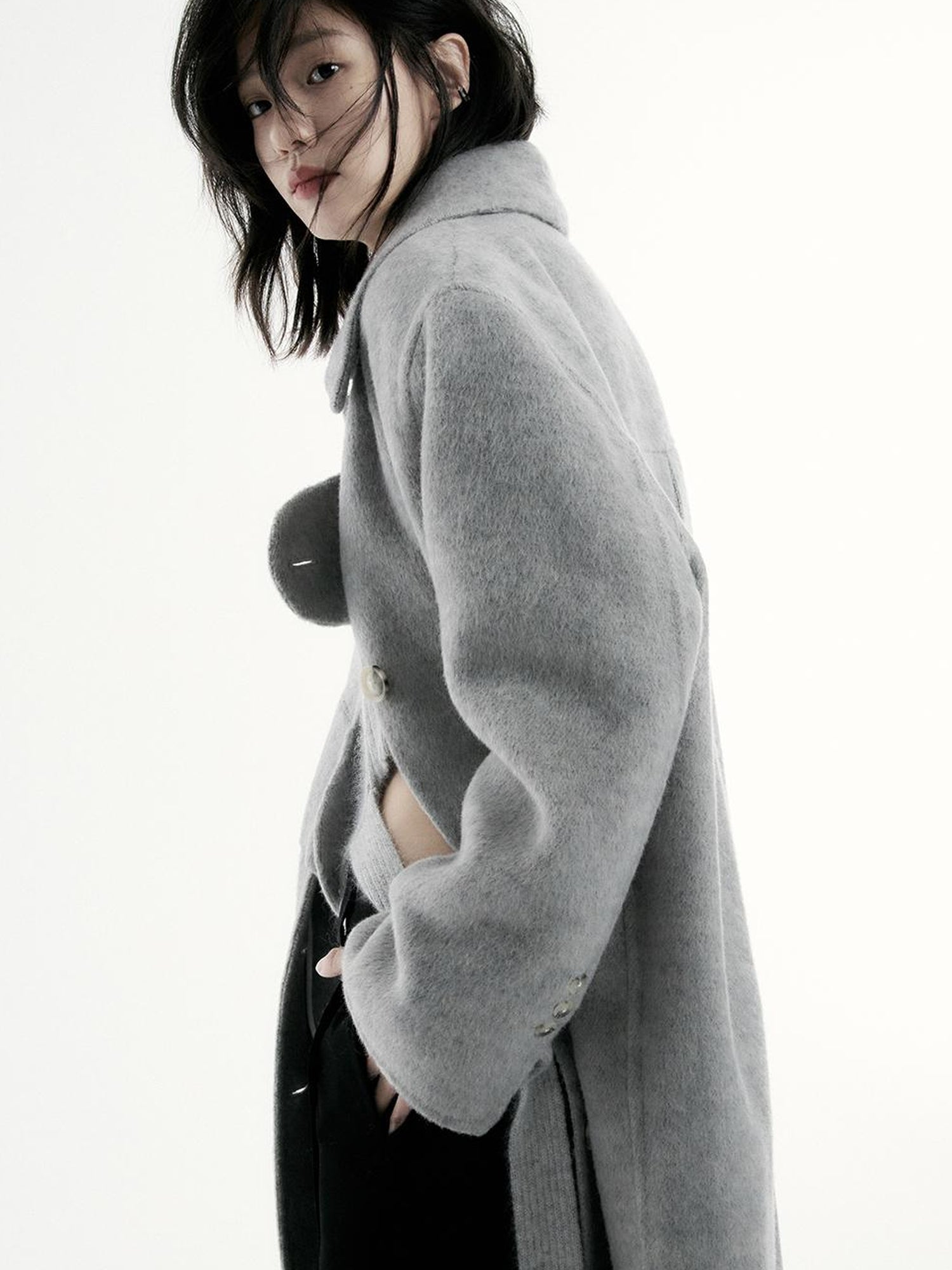 FUSSED Asymmetric Wool Blend Double Faced Coat In Silver Gray