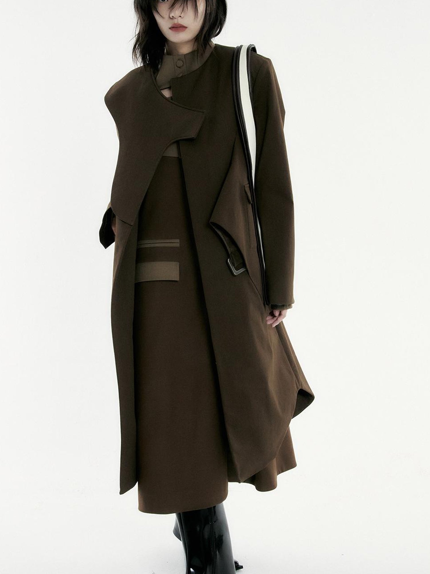 FUSSED Asymmetry Trench Coat In Coffee With Deconstructed Design