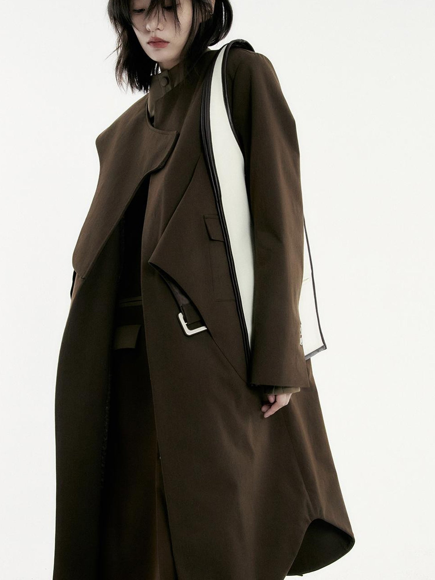 FUSSED Asymmetry Trench Coat In Coffee With Deconstructed Design
