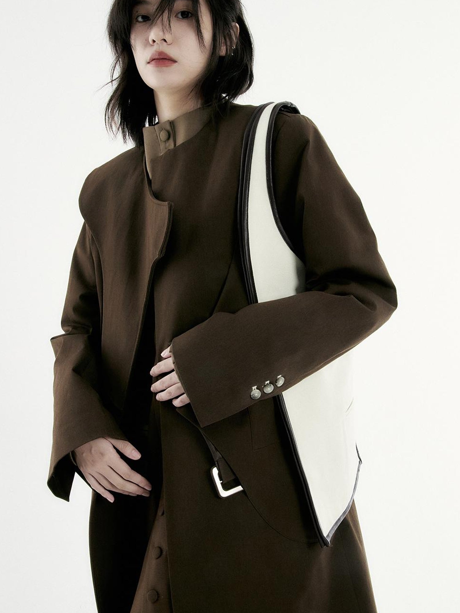 FUSSED Asymmetry Trench Coat In Coffee With Deconstructed Design