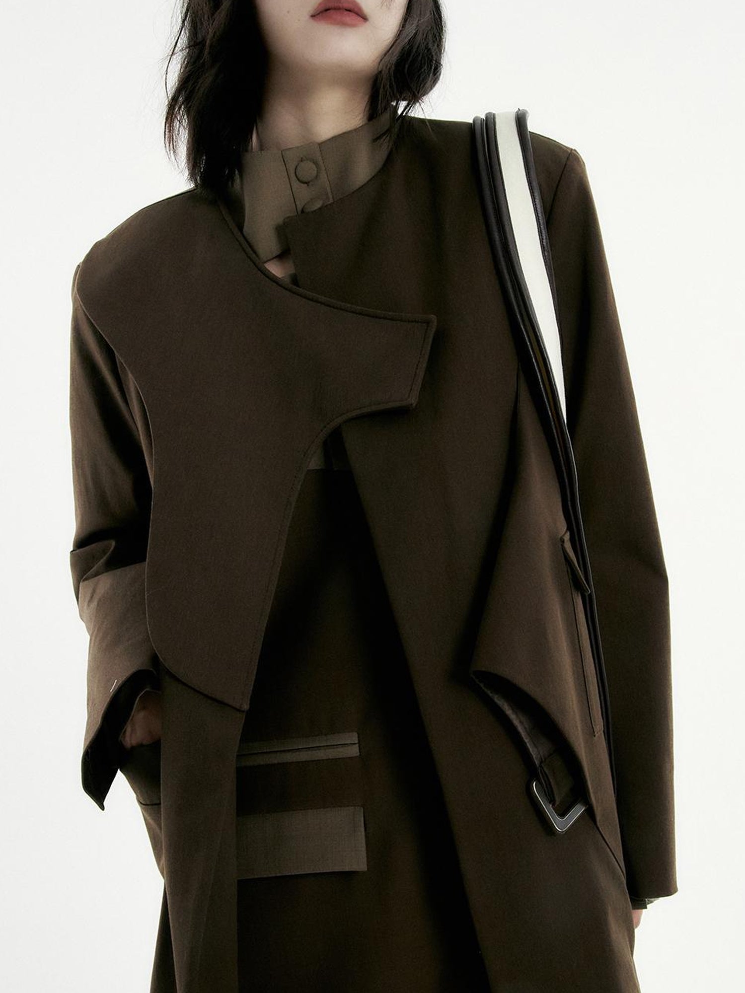 FUSSED Asymmetry Trench Coat In Coffee With Deconstructed Design