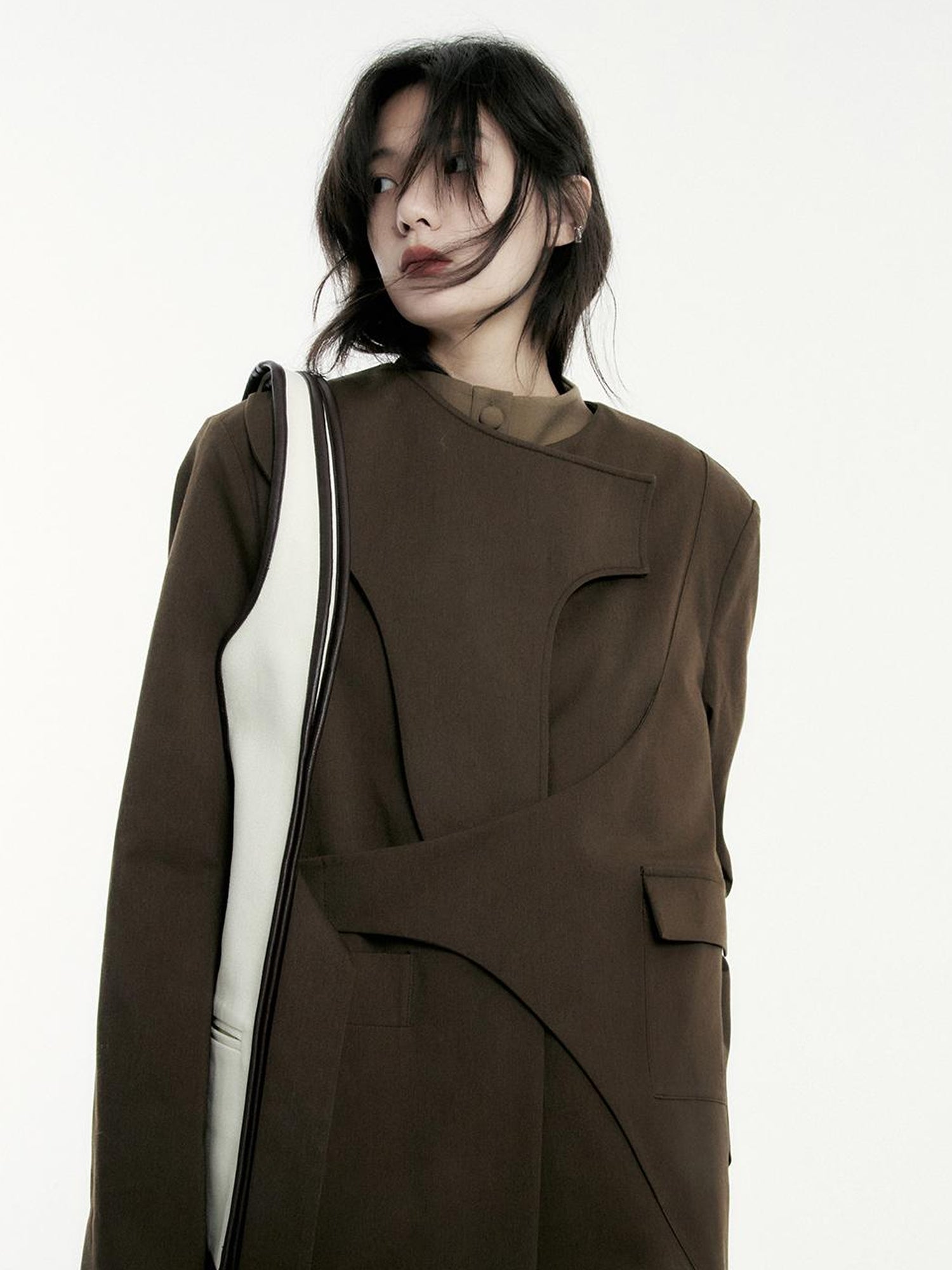 FUSSED Asymmetry Trench Coat In Coffee With Deconstructed Design