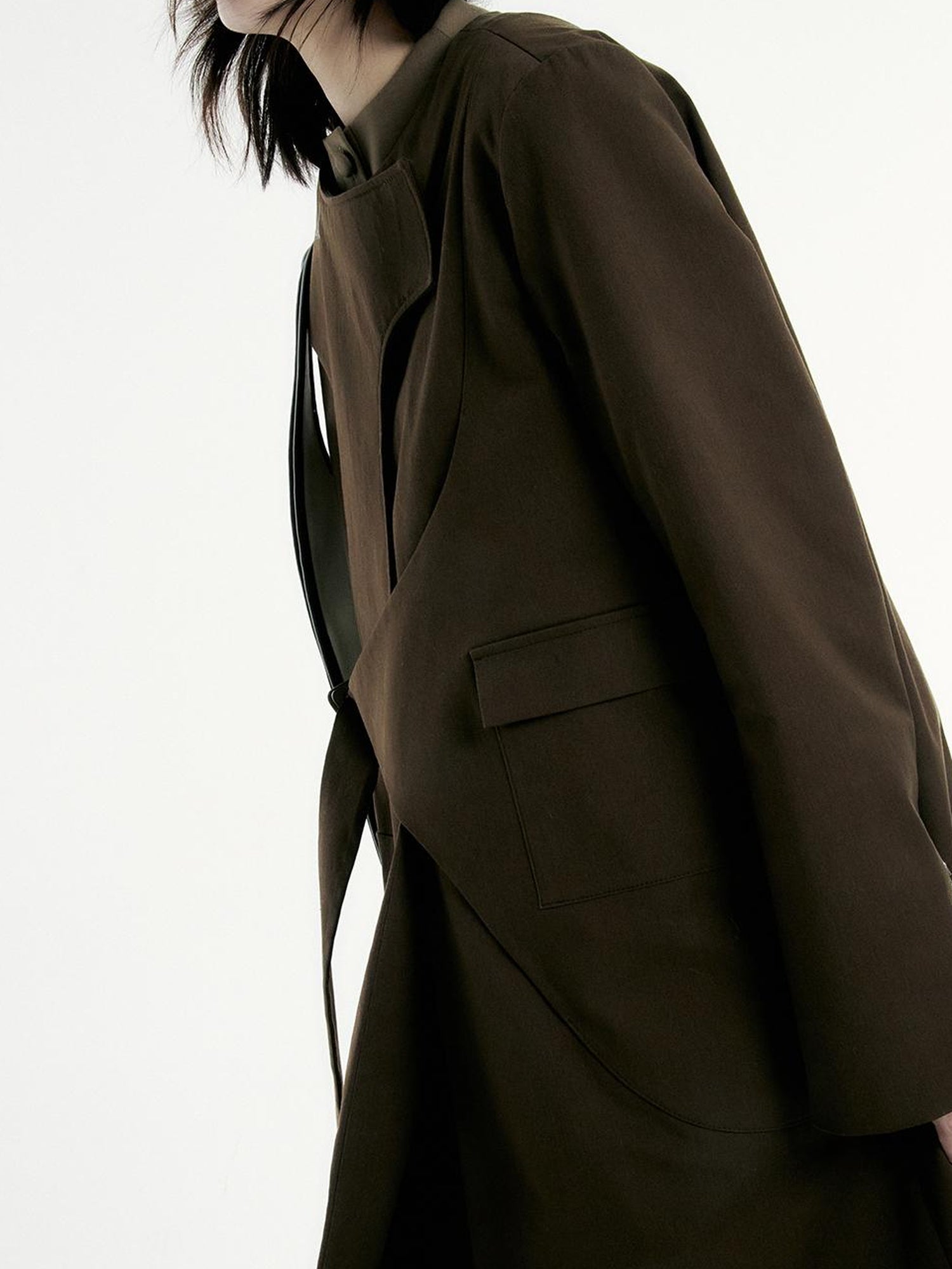 FUSSED Asymmetry Trench Coat In Coffee With Deconstructed Design