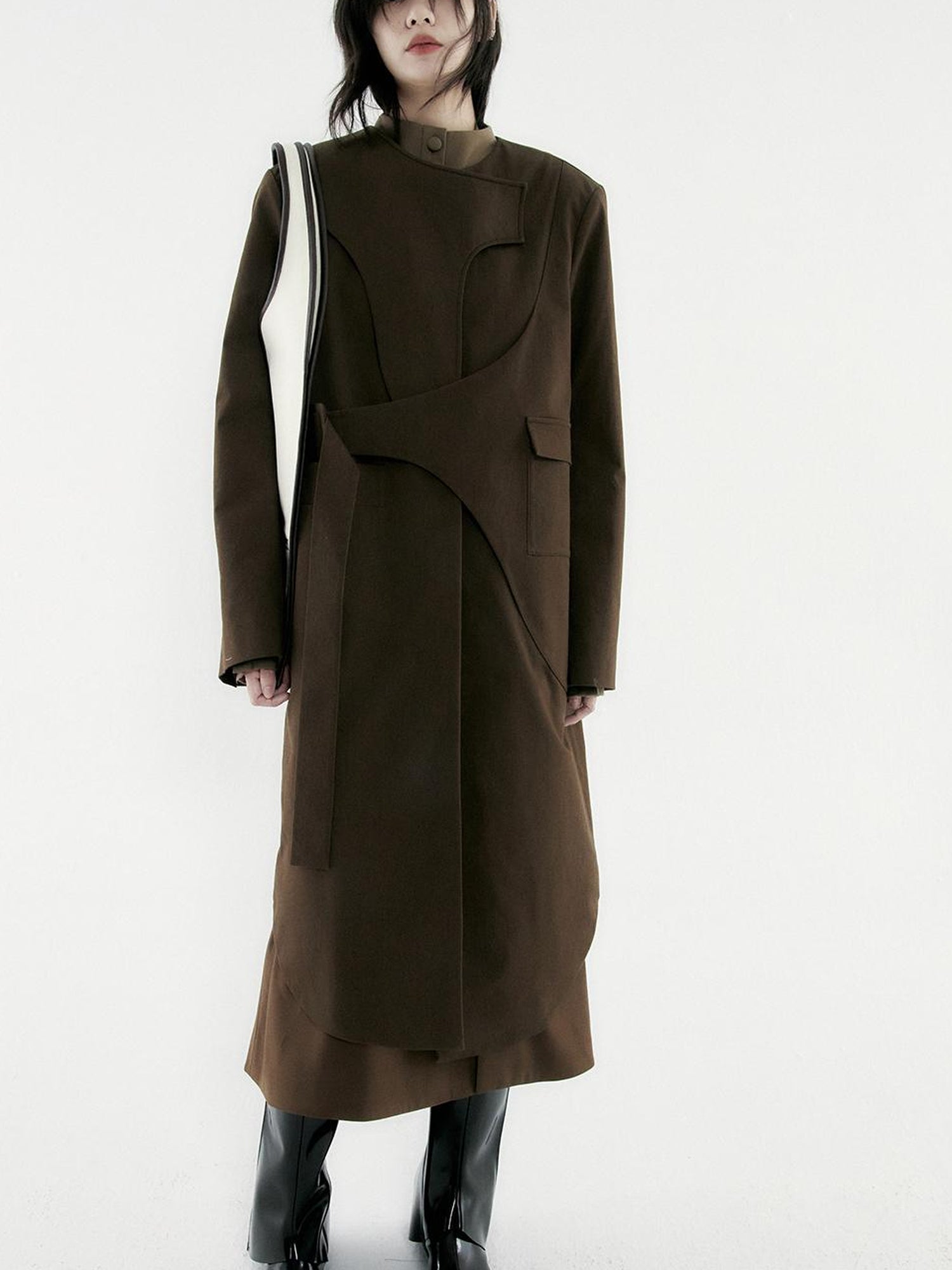 FUSSED Asymmetry Trench Coat In Coffee With Deconstructed Design