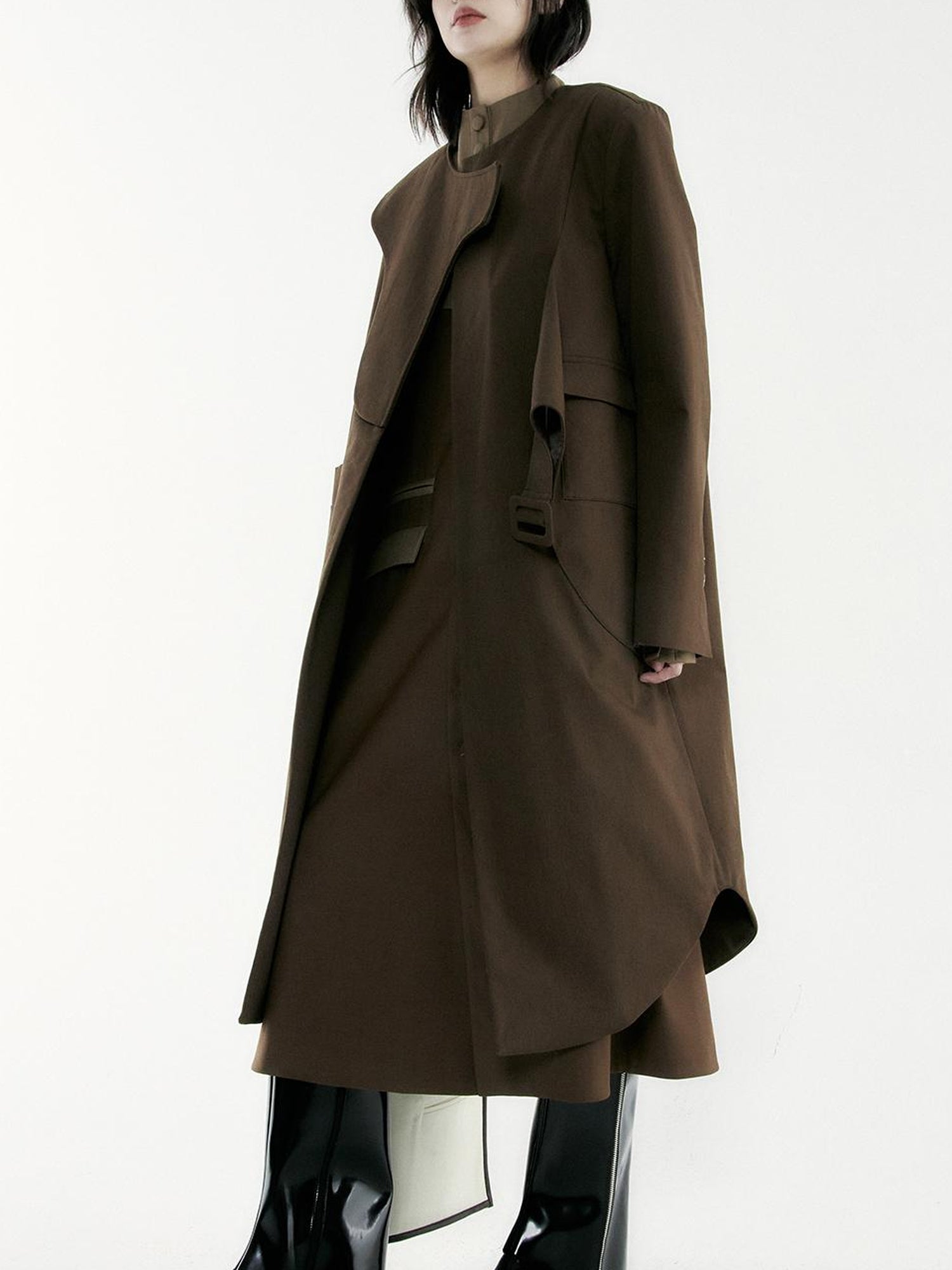 FUSSED Asymmetry Trench Coat In Coffee With Deconstructed Design