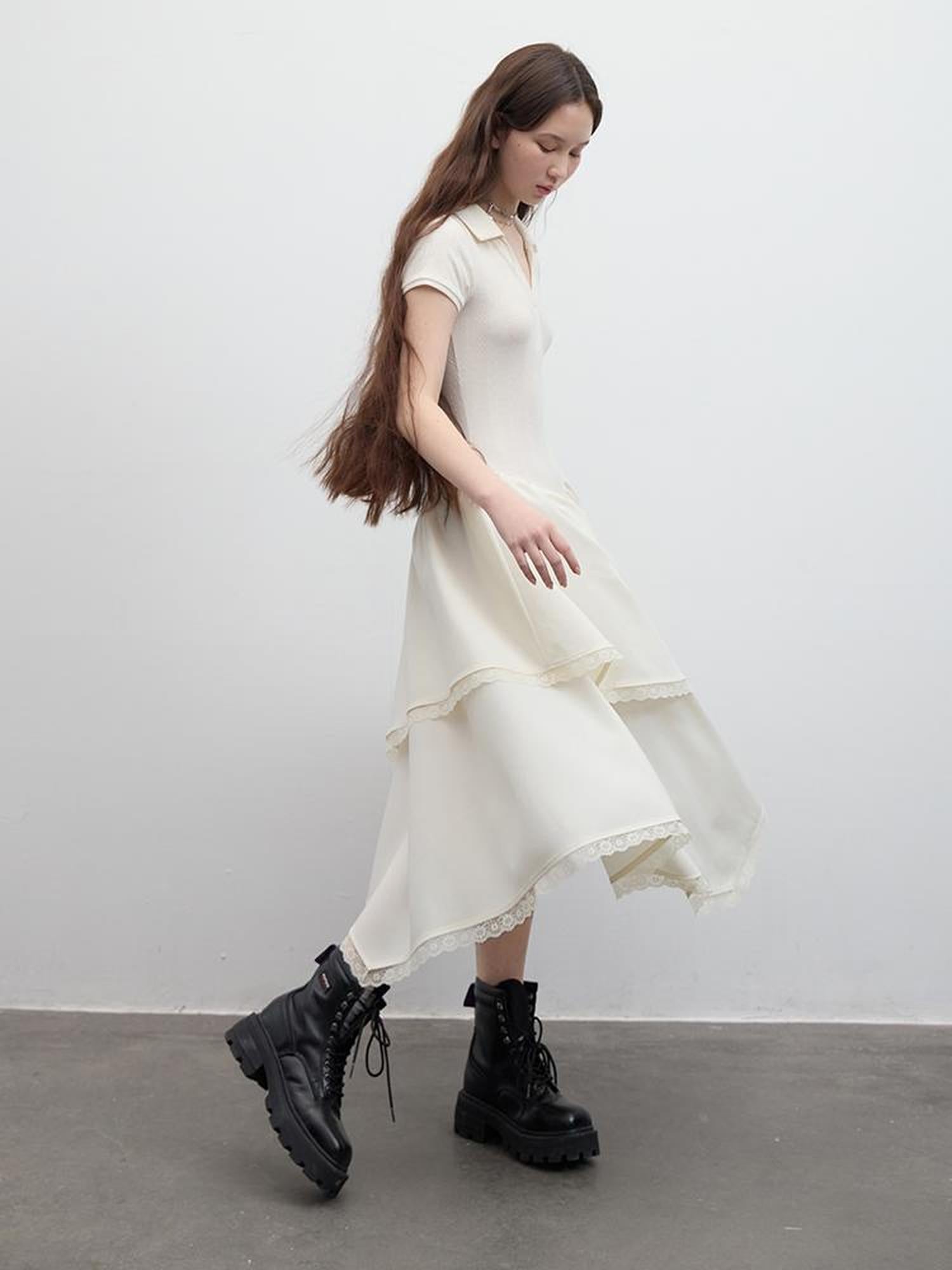 FUSSED Ballet Class Protein White Textured Polo Dress With Lace Trim