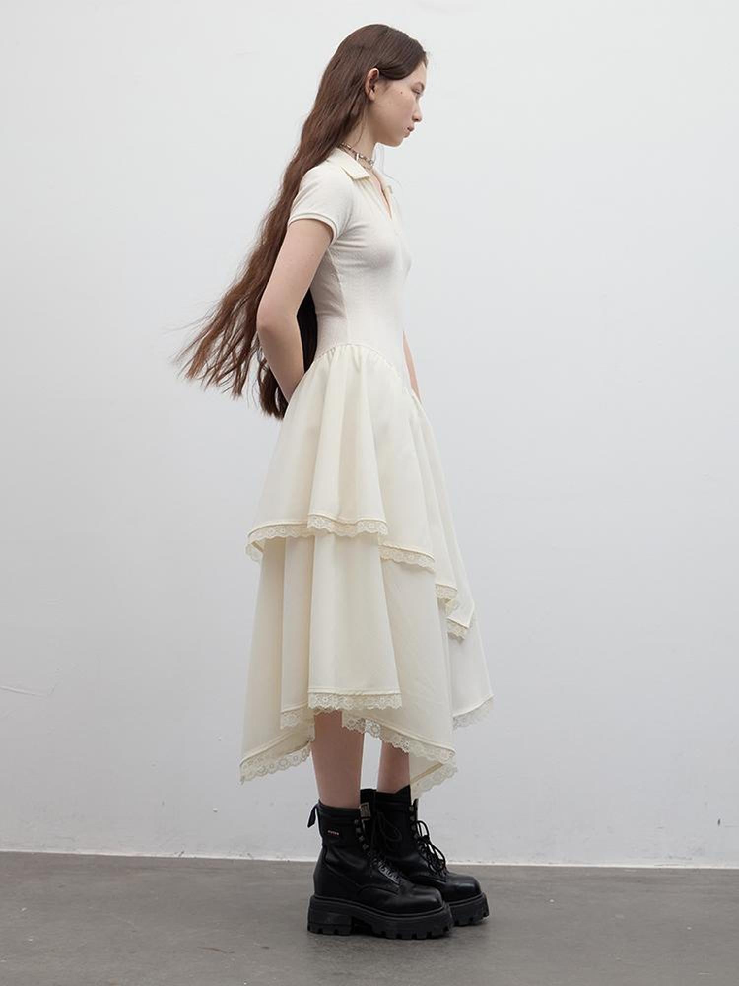 FUSSED Ballet Class Protein White Textured Polo Dress With Lace Trim