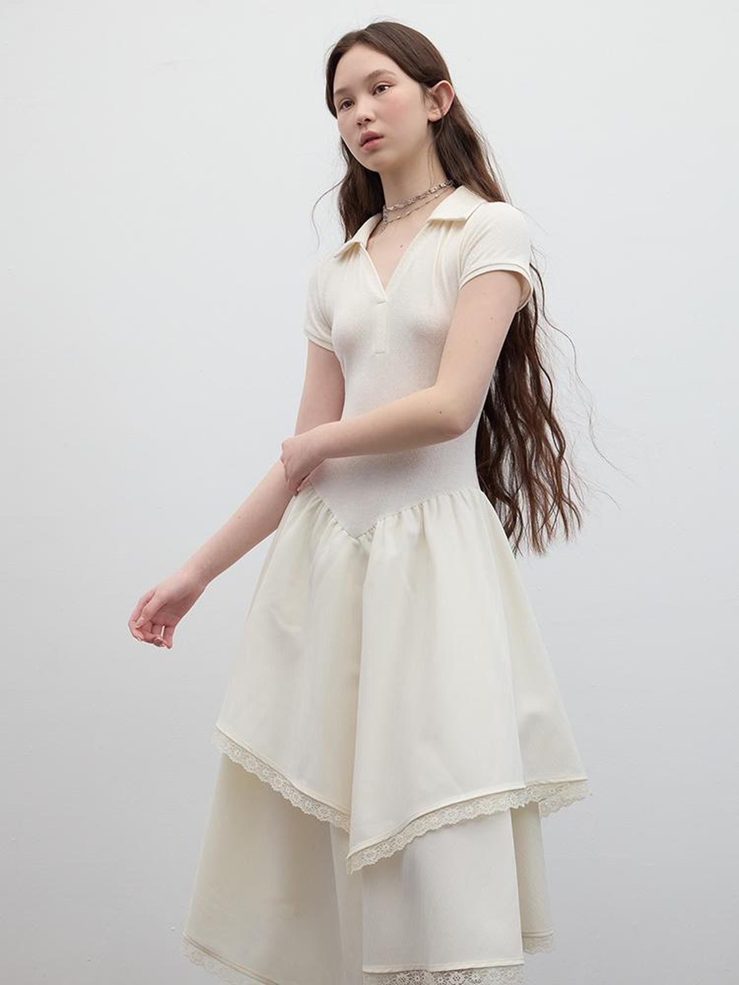 FUSSED Ballet Class Protein White Textured Polo Dress With Lace Trim