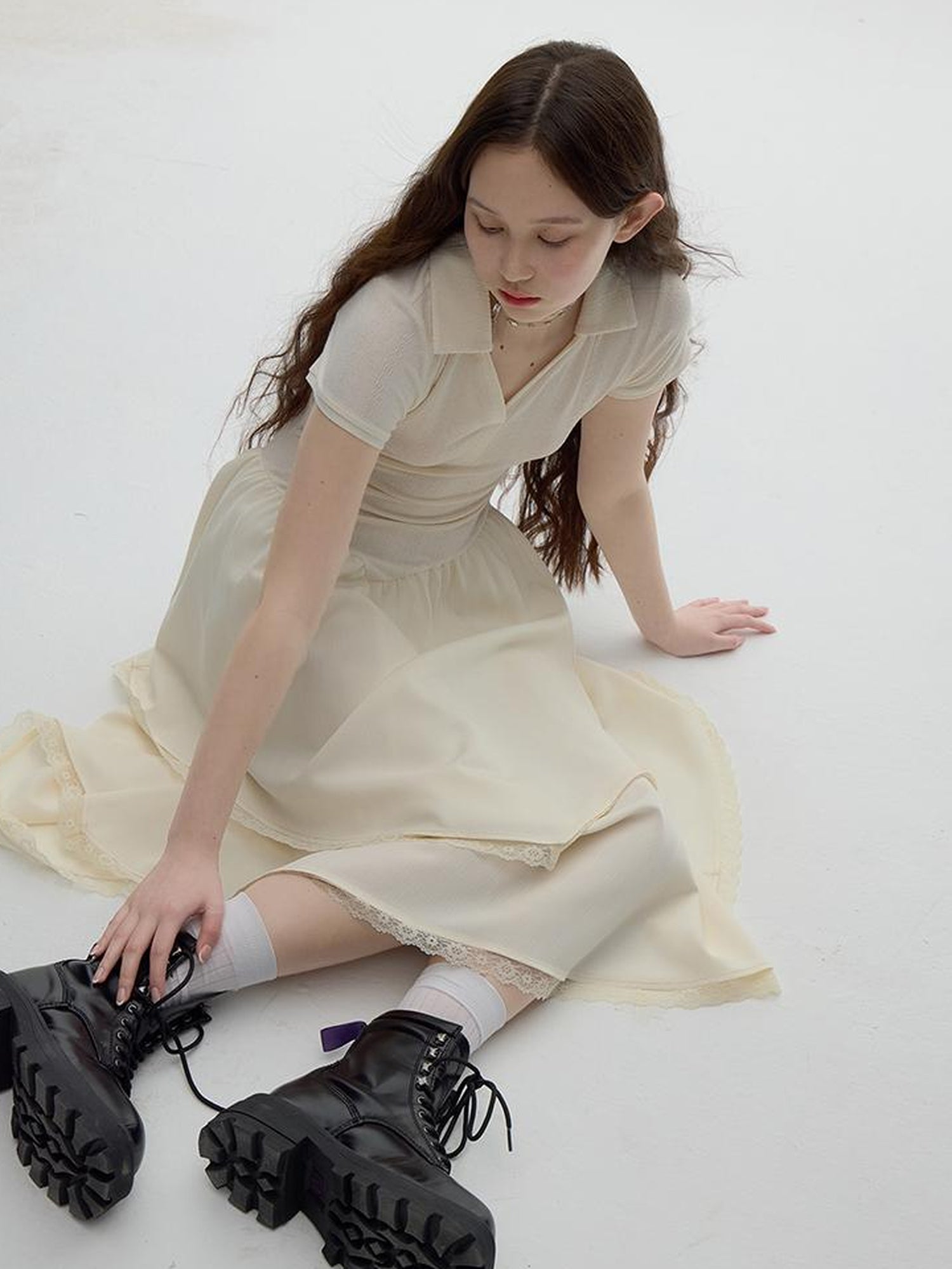 FUSSED Ballet Class Protein White Textured Polo Dress With Lace Trim