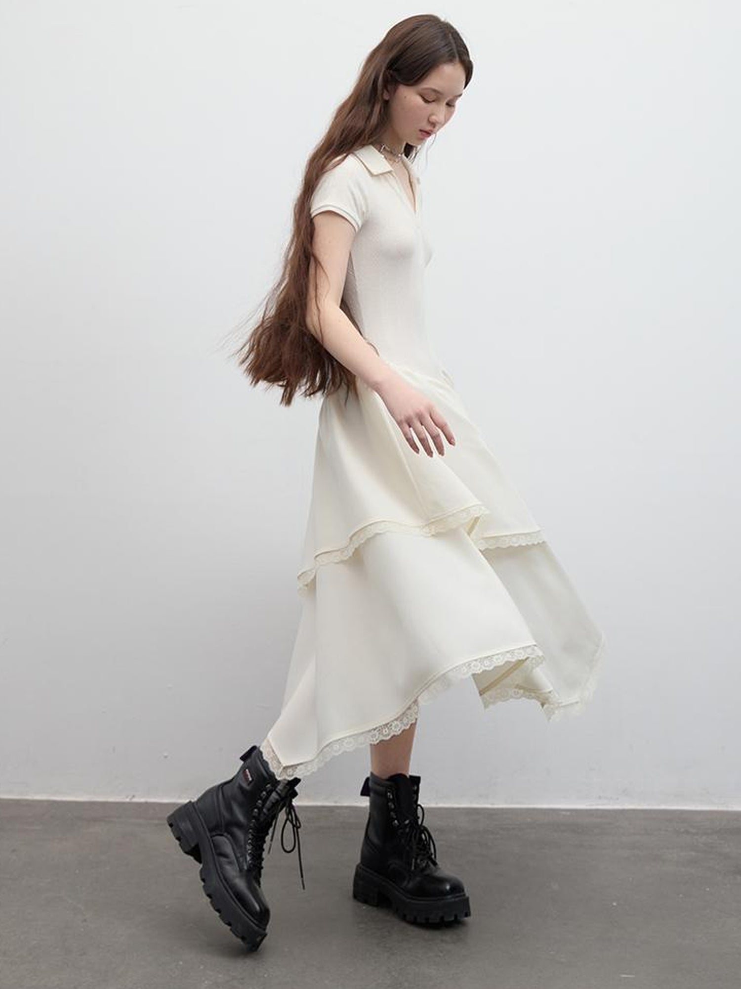 FUSSED Ballet Class Protein White Textured Polo Dress With Lace Trim