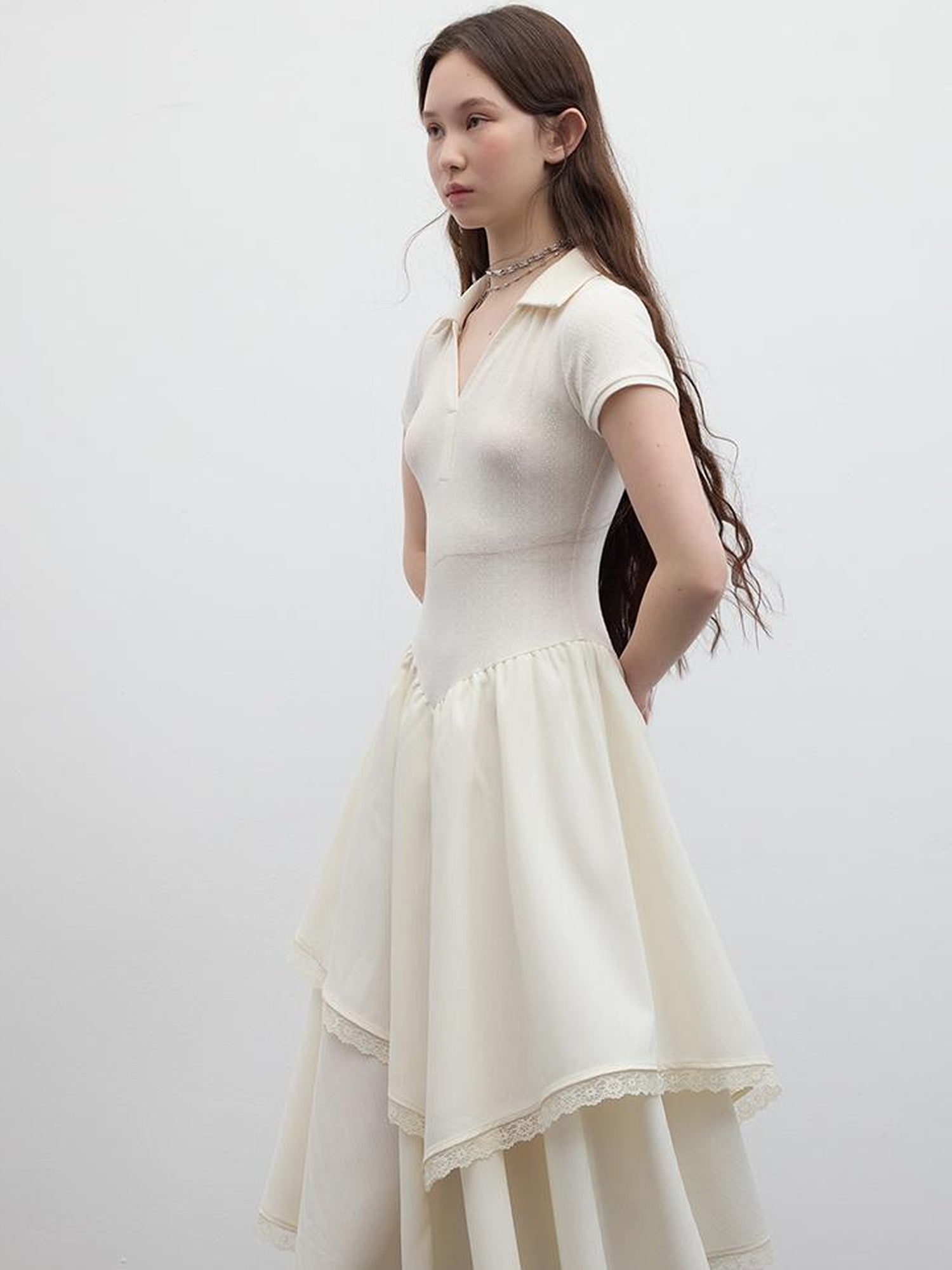 FUSSED Ballet Class Protein White Textured Polo Dress With Lace Trim