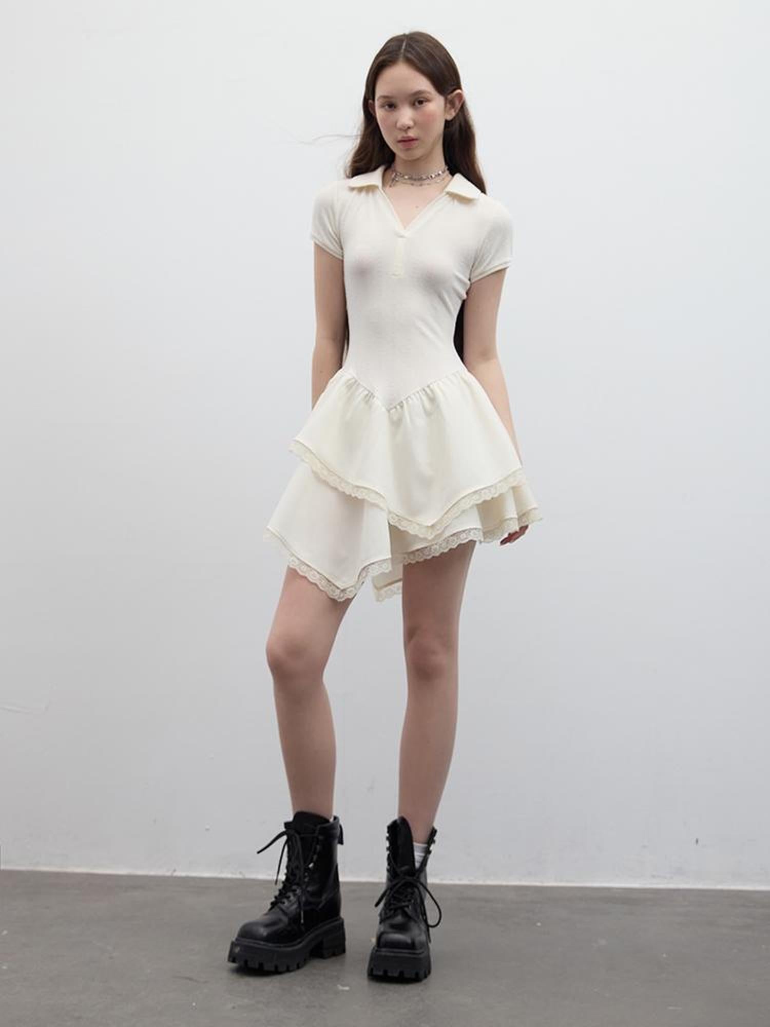 FUSSED Ballet Class Textured Protein White Polo V-neck T-shirt Long Sleeve Dress