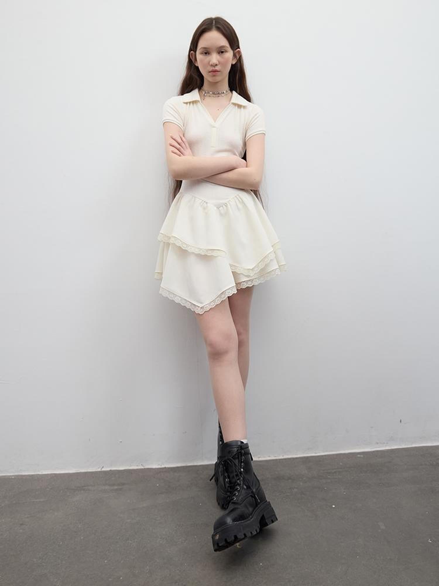 FUSSED Ballet Class Textured Protein White Polo V-neck T-shirt Long Sleeve Dress