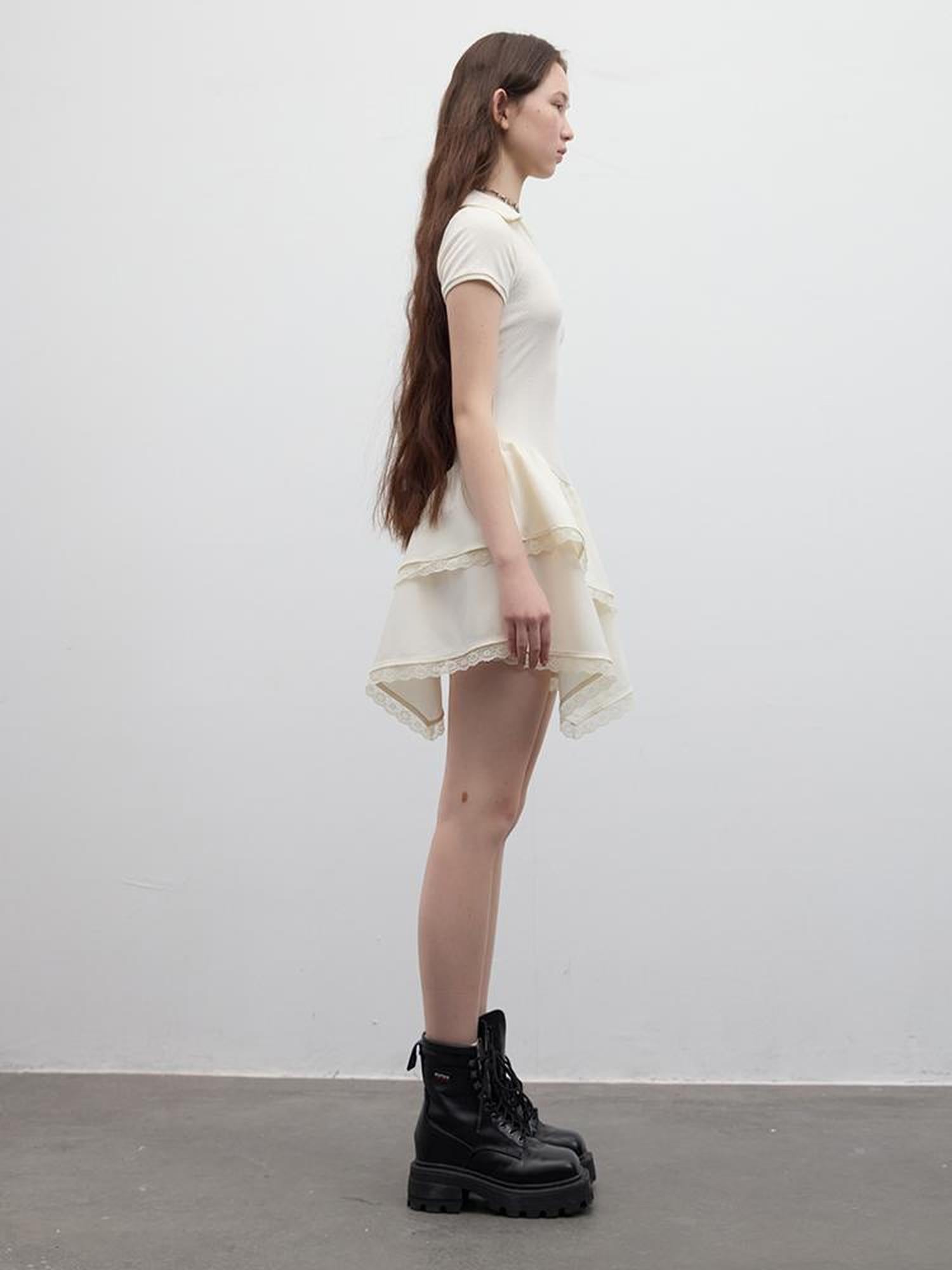 FUSSED Ballet Class Textured Protein White Polo V-neck T-shirt Long Sleeve Dress