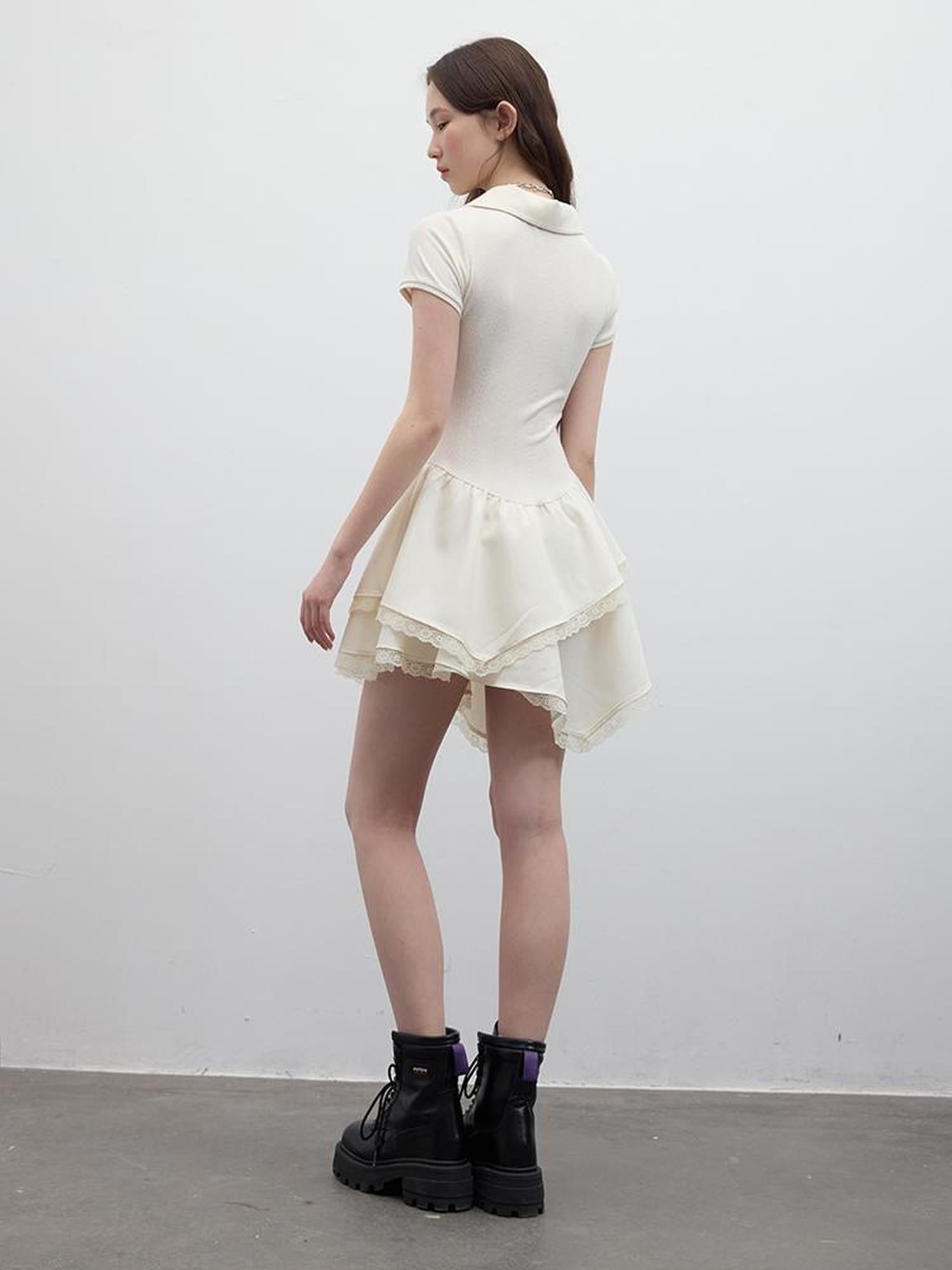 FUSSED Ballet Class Textured Protein White Polo V-neck T-shirt Long Sleeve Dress