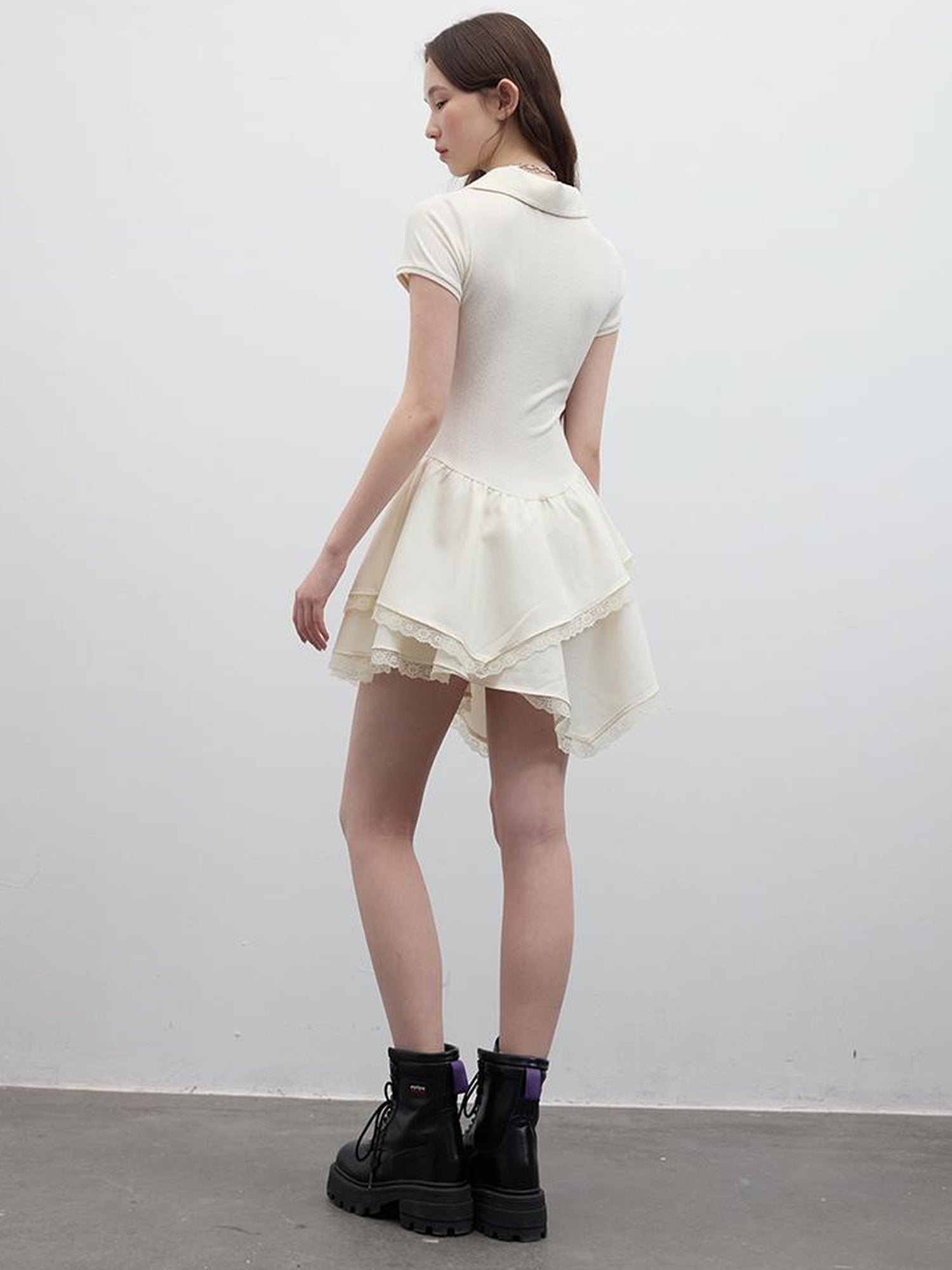 FUSSED Ballet Class Textured Protein White Polo V Neck T Shirt Long Sleeve Dress