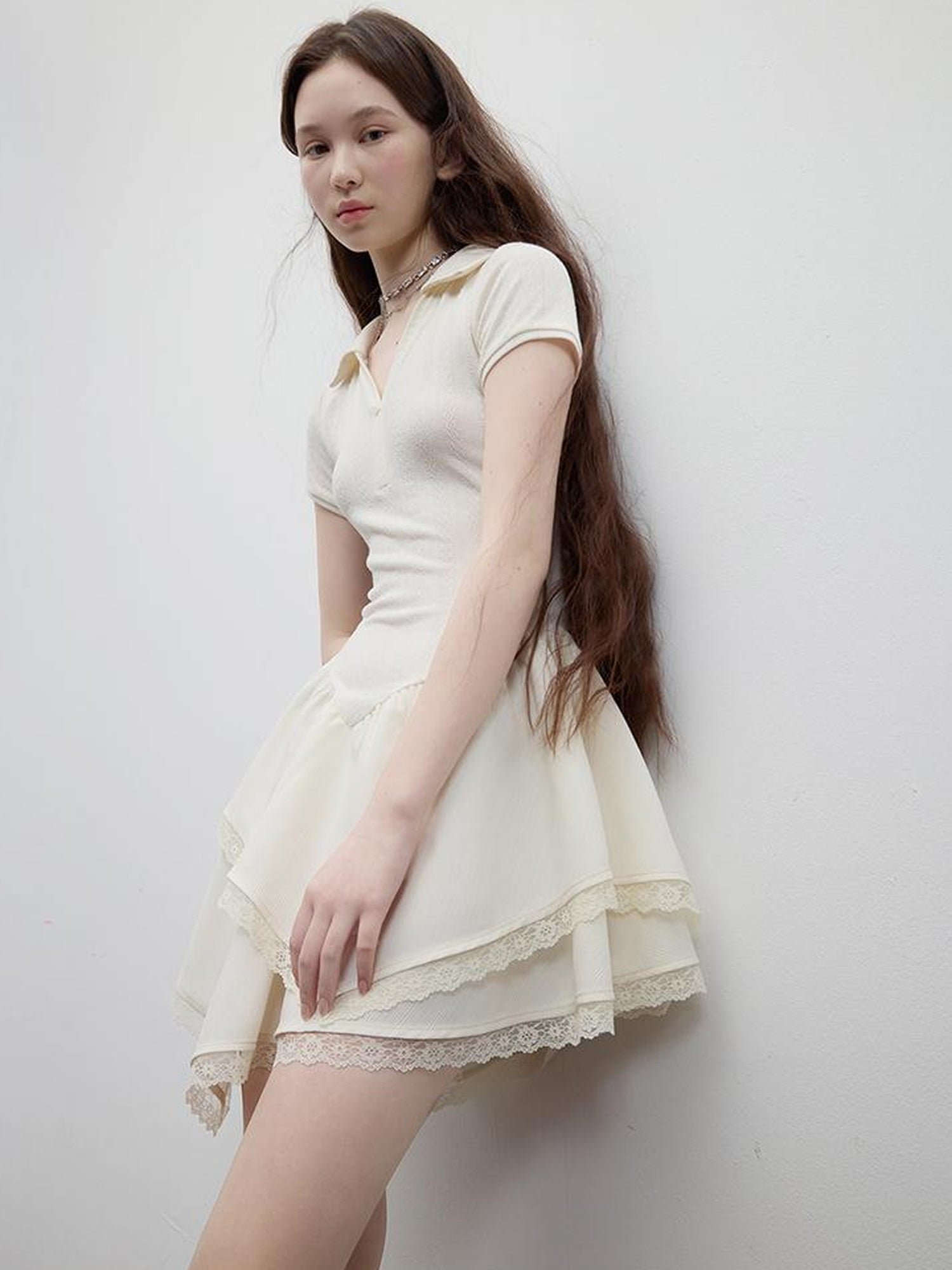 FUSSED Ballet Class Textured Protein White Polo V Neck T Shirt Long Sleeve Dress