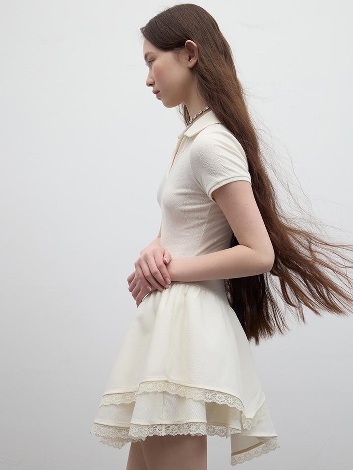 FUSSED Ballet Class Textured Protein White Polo V Neck T Shirt Long Sleeve Dress