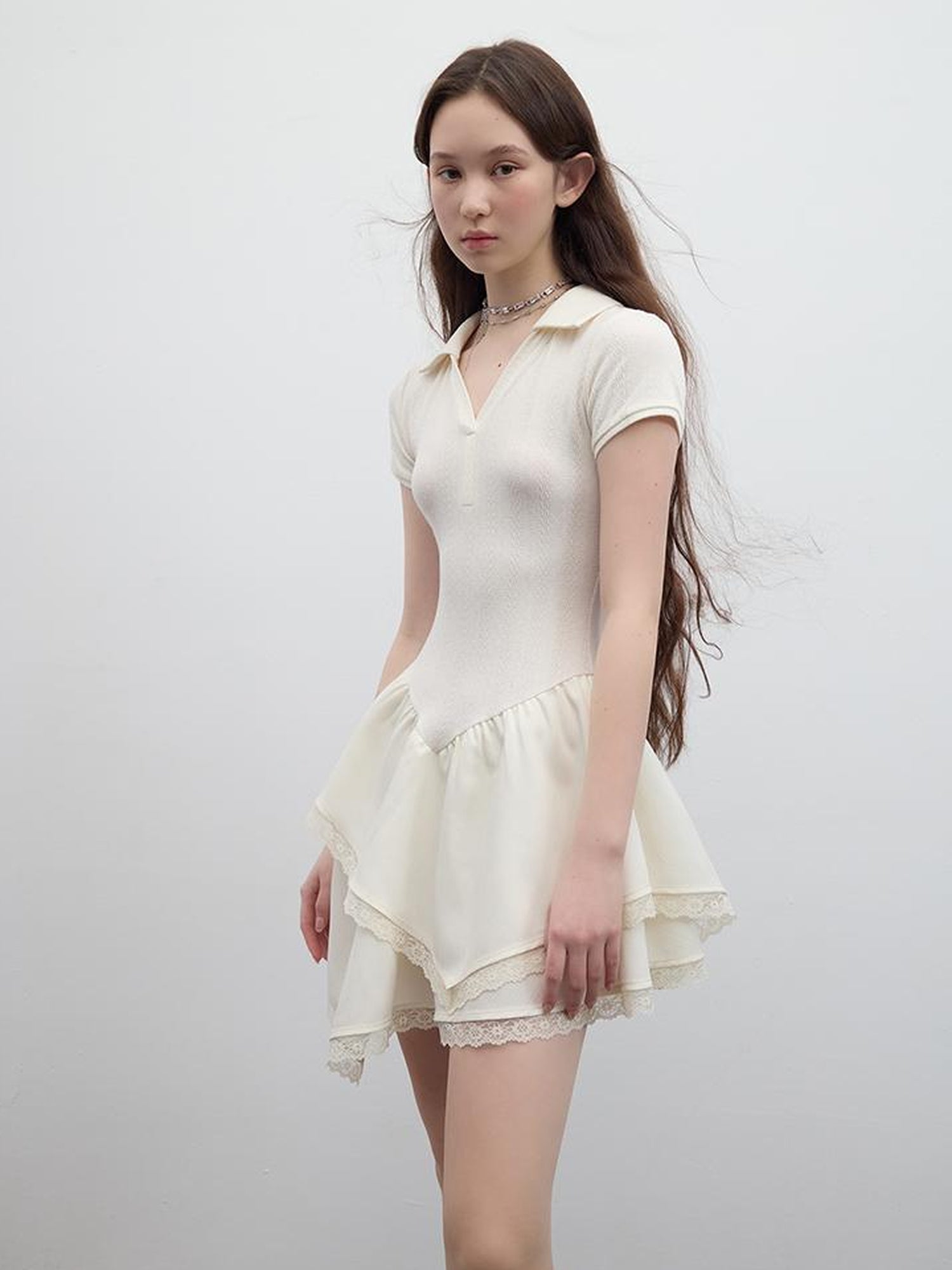 FUSSED Ballet Class Textured Protein White Polo V Neck T Shirt Long Sleeve Dress