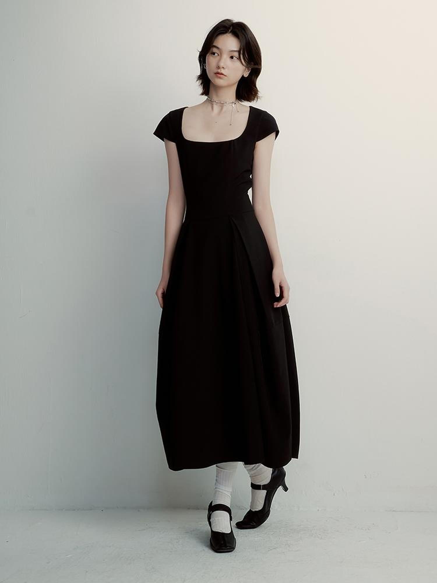 FUSSED Black Cocoon U Neck Dress With Draped Waist