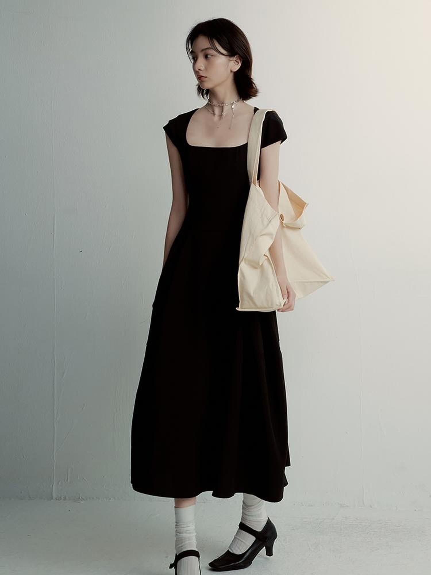 FUSSED Black Cocoon U Neck Dress With Draped Waist