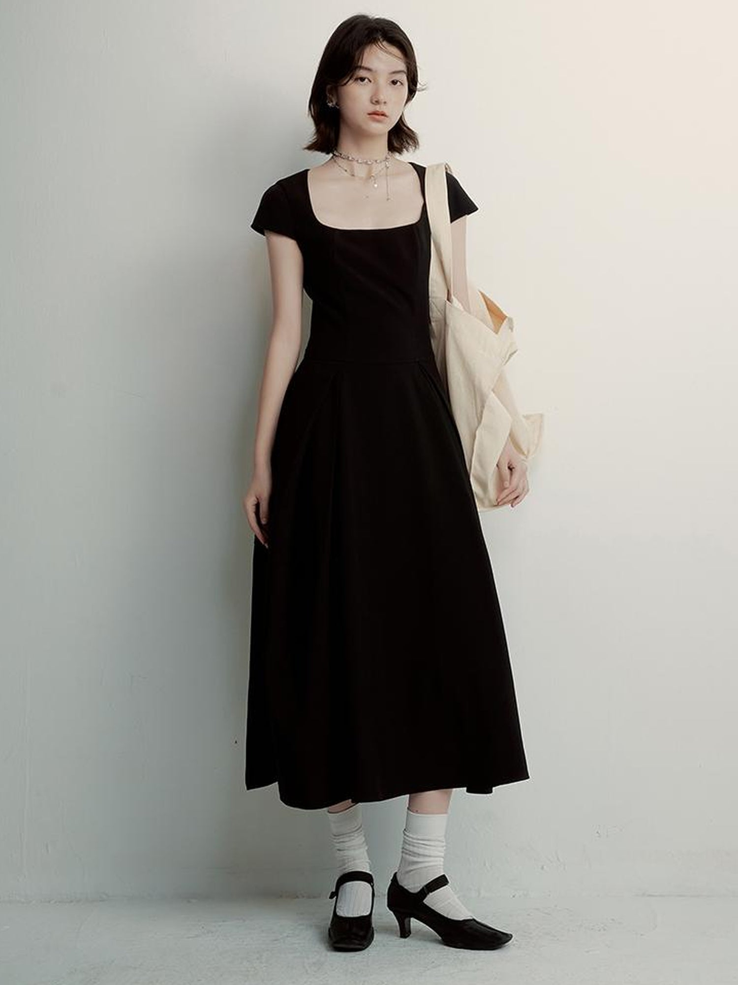 FUSSED Black Cocoon U Neck Dress With Draped Waist