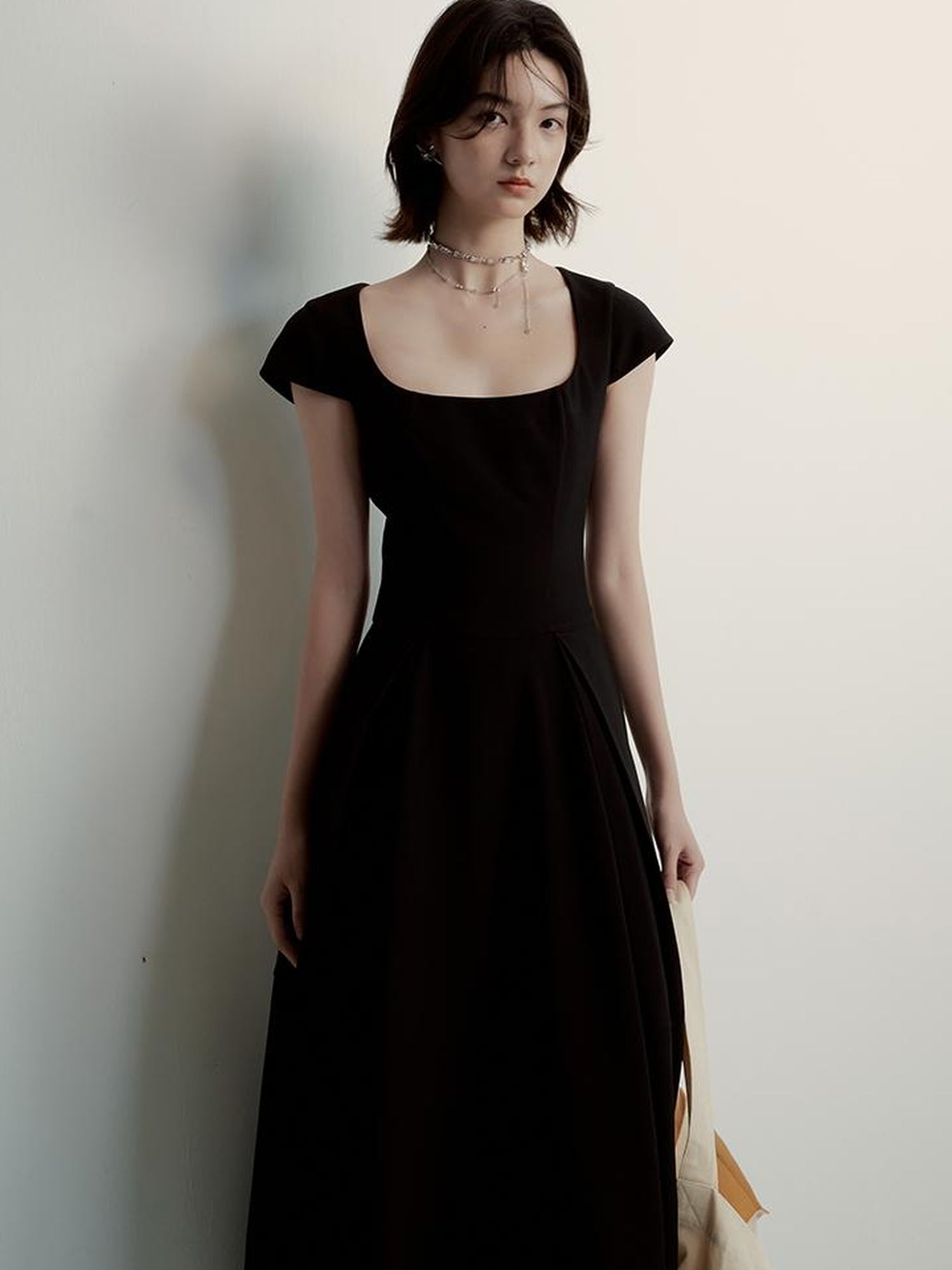 FUSSED Black Cocoon U Neck Dress With Draped Waist