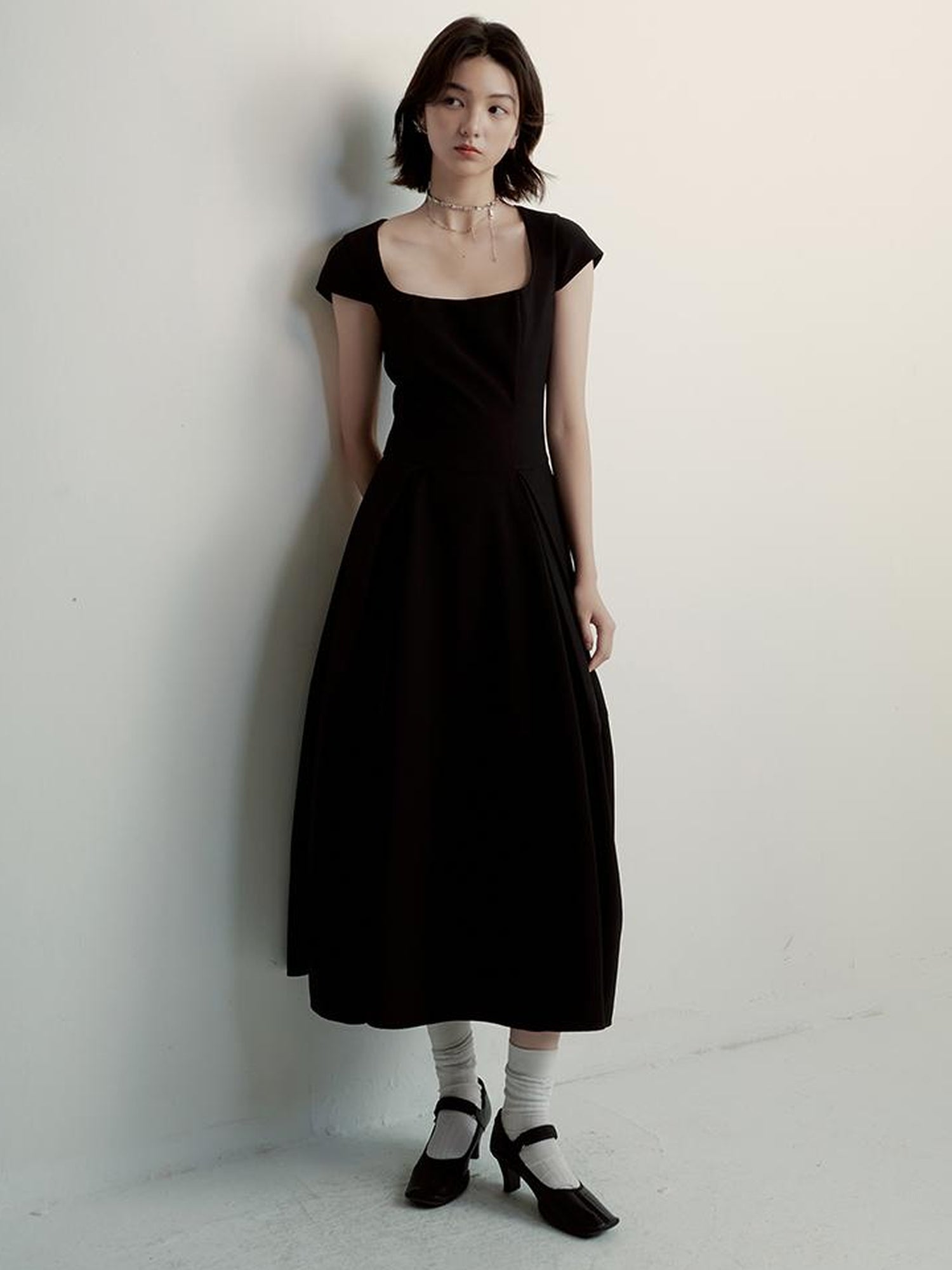 FUSSED Black Cocoon U Neck Dress With Draped Waist